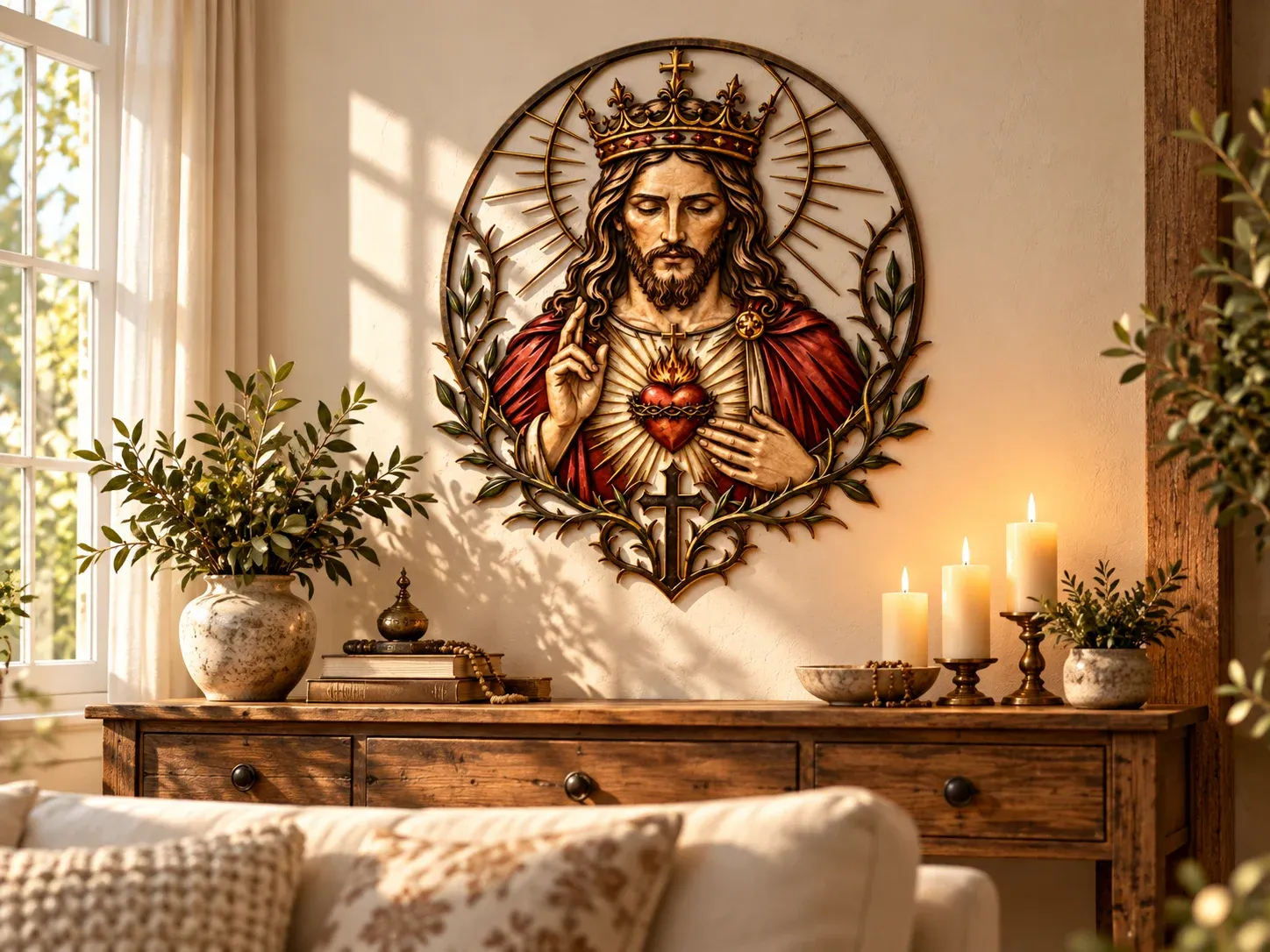Sacred Heart of Jesus wall decor above a console in a traditional home