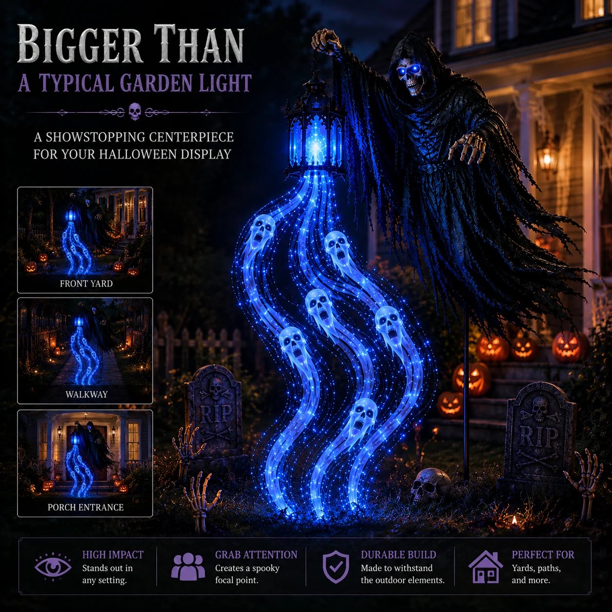 Halloween Soul Harvester front yard walkway and porch display