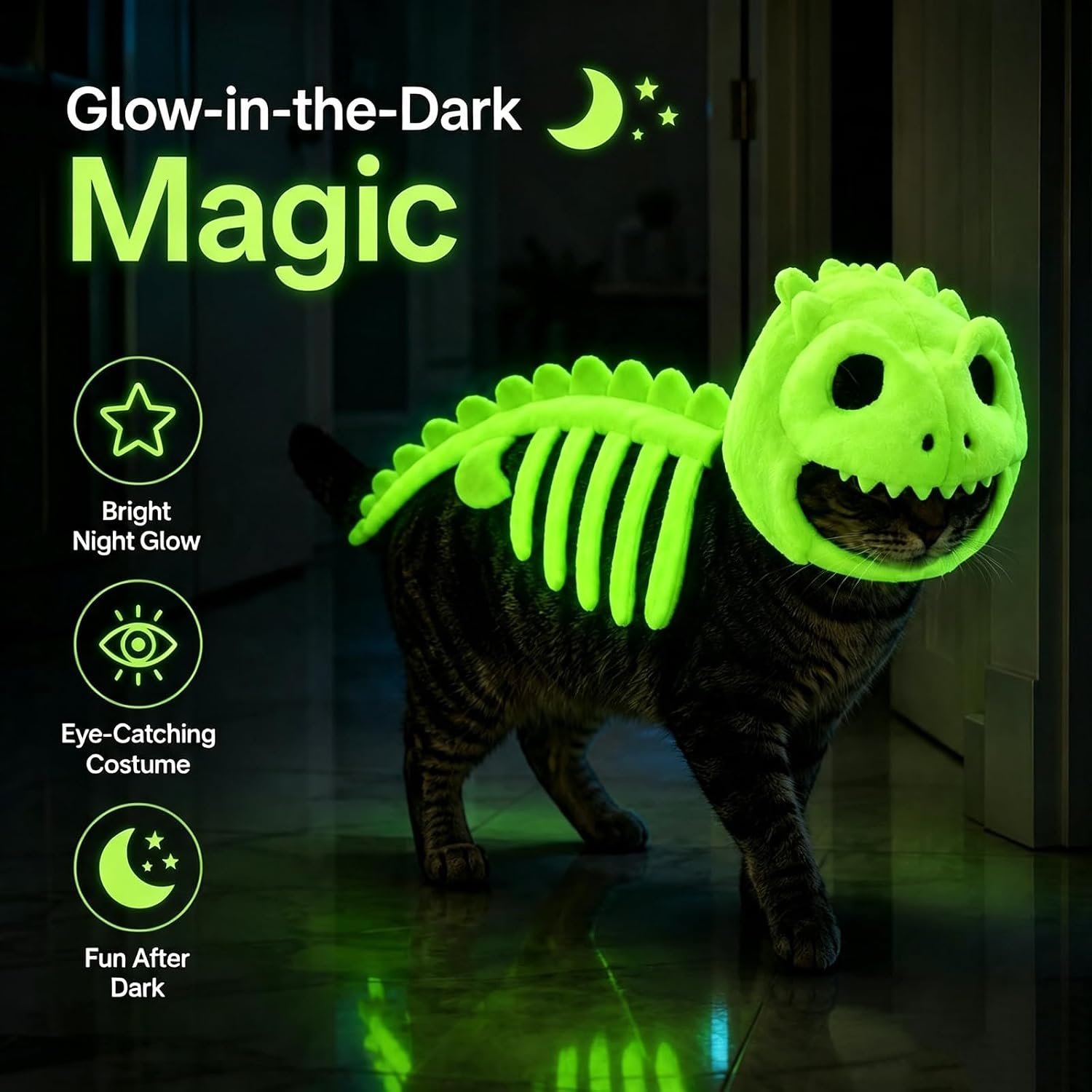 Bright green glow-in-the-dark dinosaur skeleton costume effect