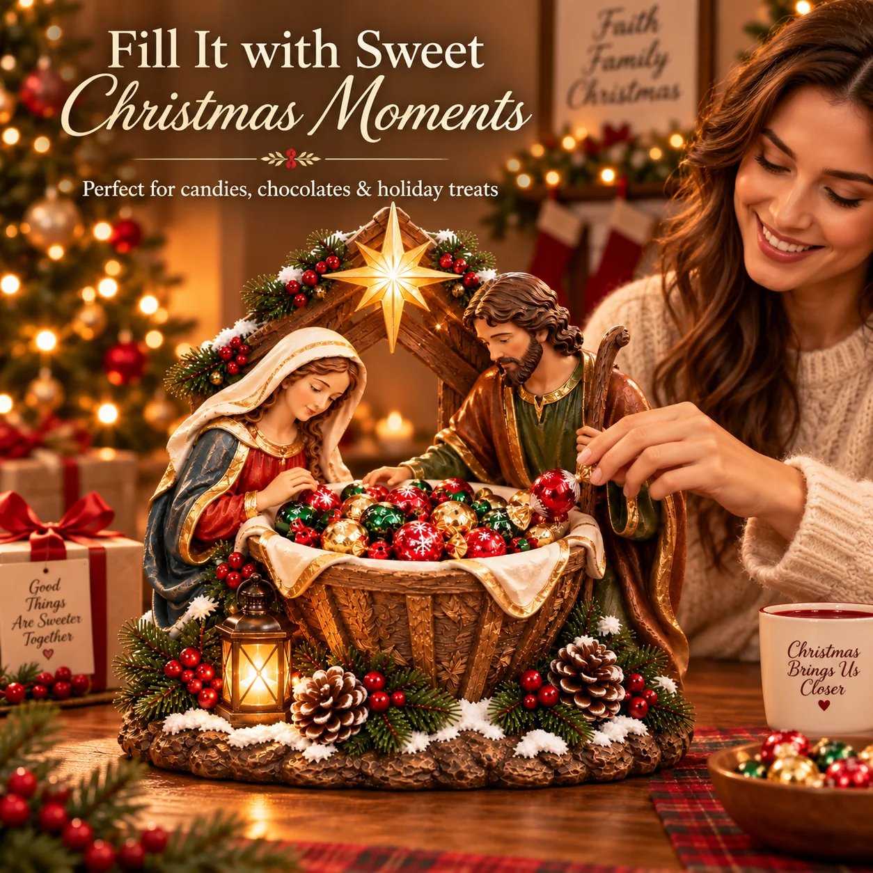 Woman enjoying treats from Nativity Blessing Bowl