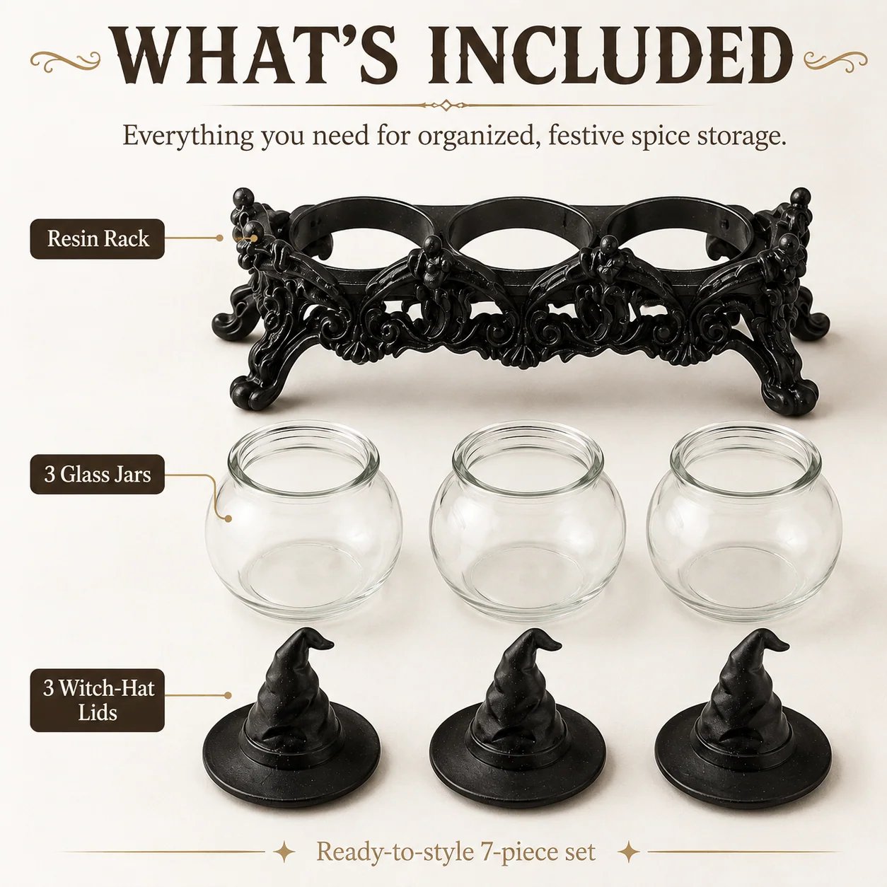 Complete 7-piece witch-hat spice jar set contents laid out Complete 7-piece witch-hat spice jar set contents laid out