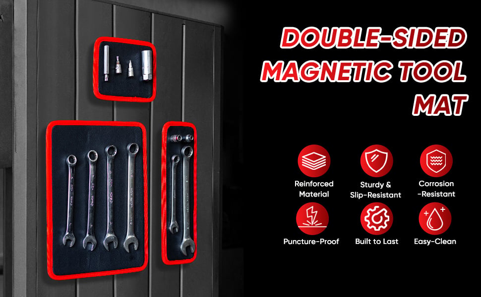 Flexible magnetic tool mat holding workshop tools and hardware