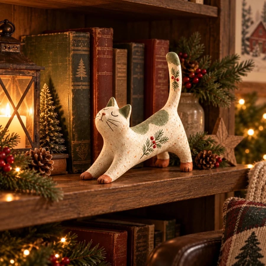 Woodland Christmas Cat Figurine displayed on a Christmas bookshelf