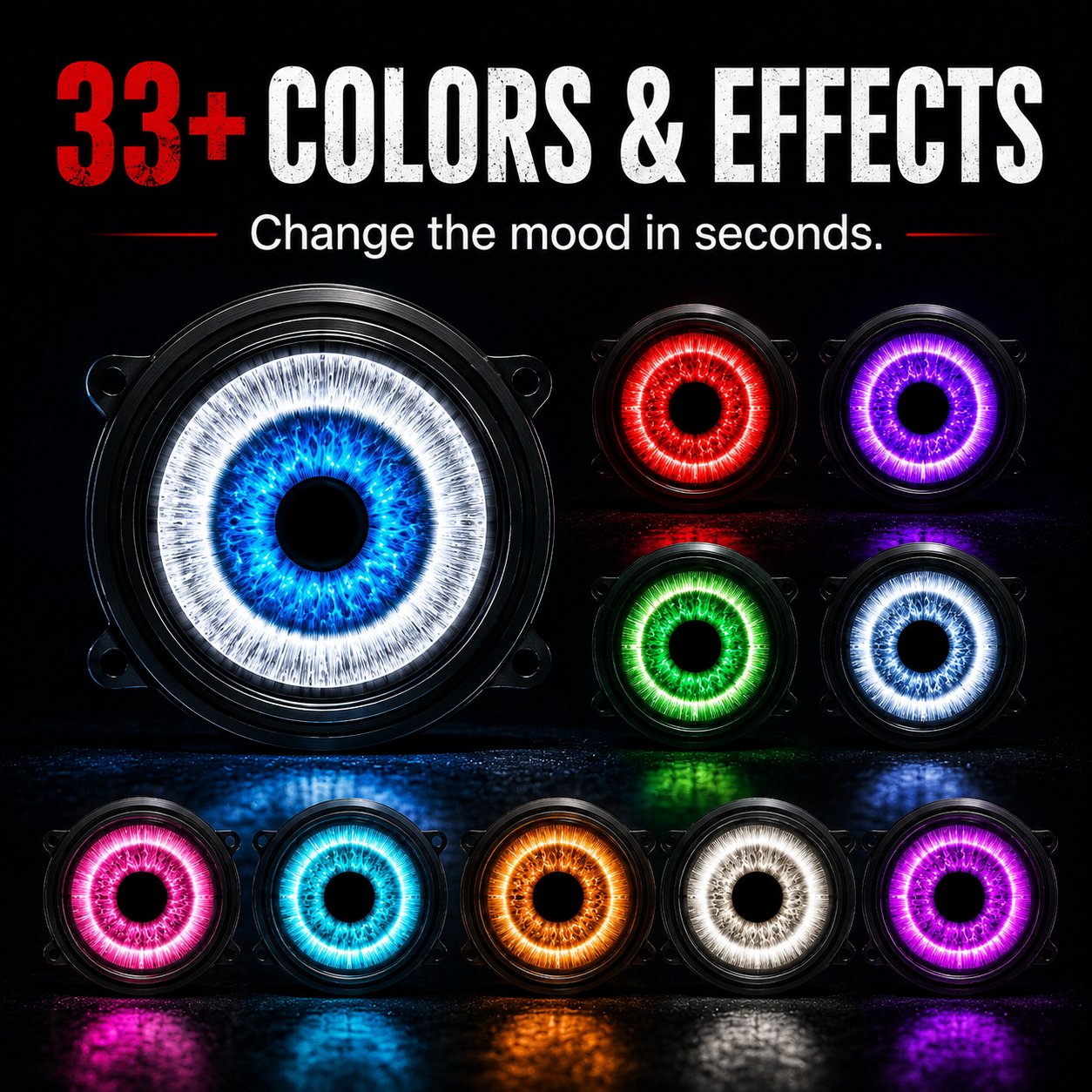 Demon Eye projector displaying multiple RGB lighting colors and effects