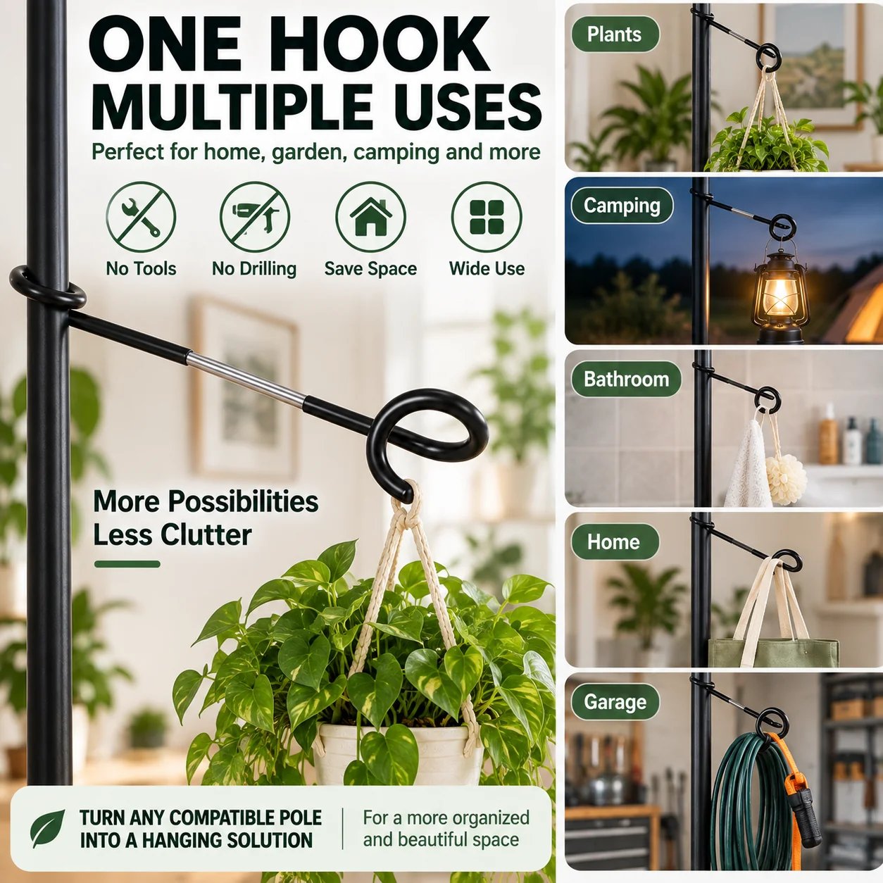 Multiple uses for pole hanging hook