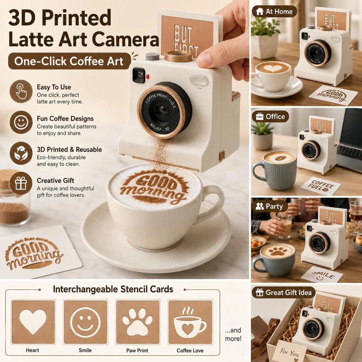 ☕📸 Camera-Style Latte Art Maker – Reusable Stencil Press detail view 3