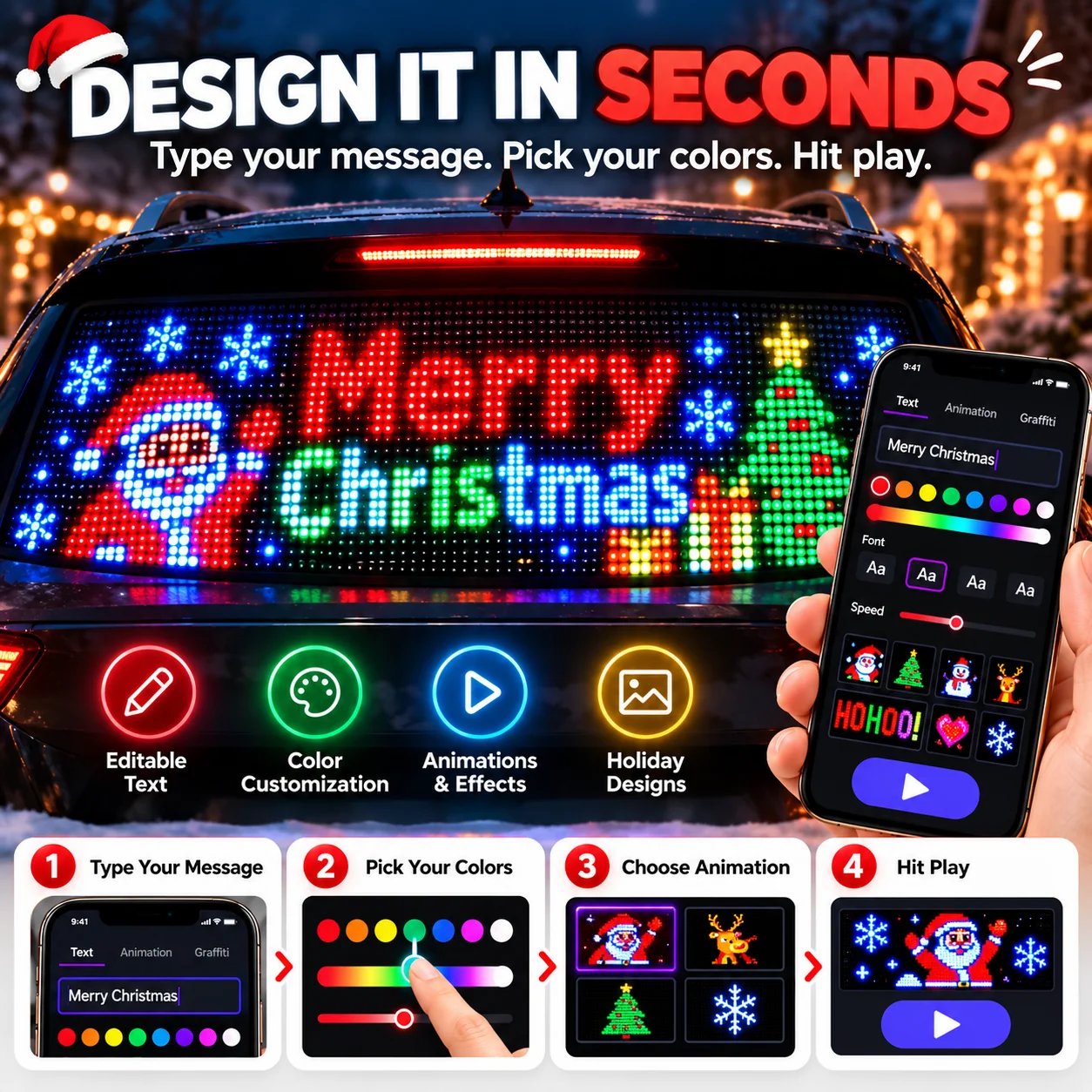 Christmas graphics and colorful patterns on the LED pixel screen