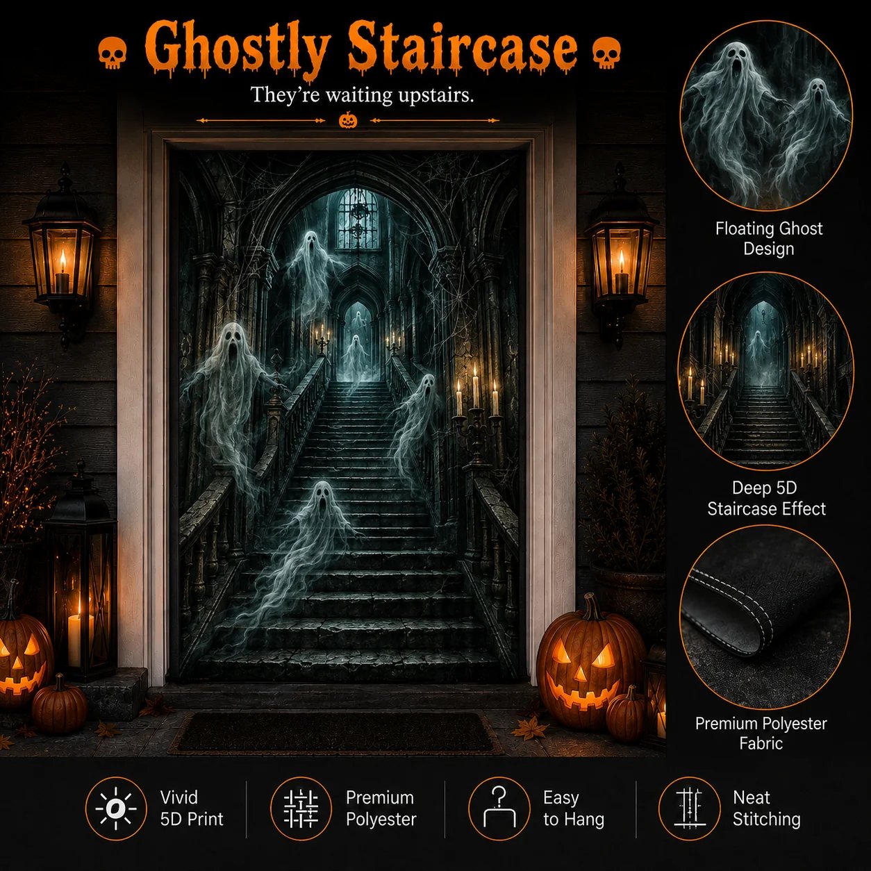 Ghostly Staircase 5D Halloween Door Curtain