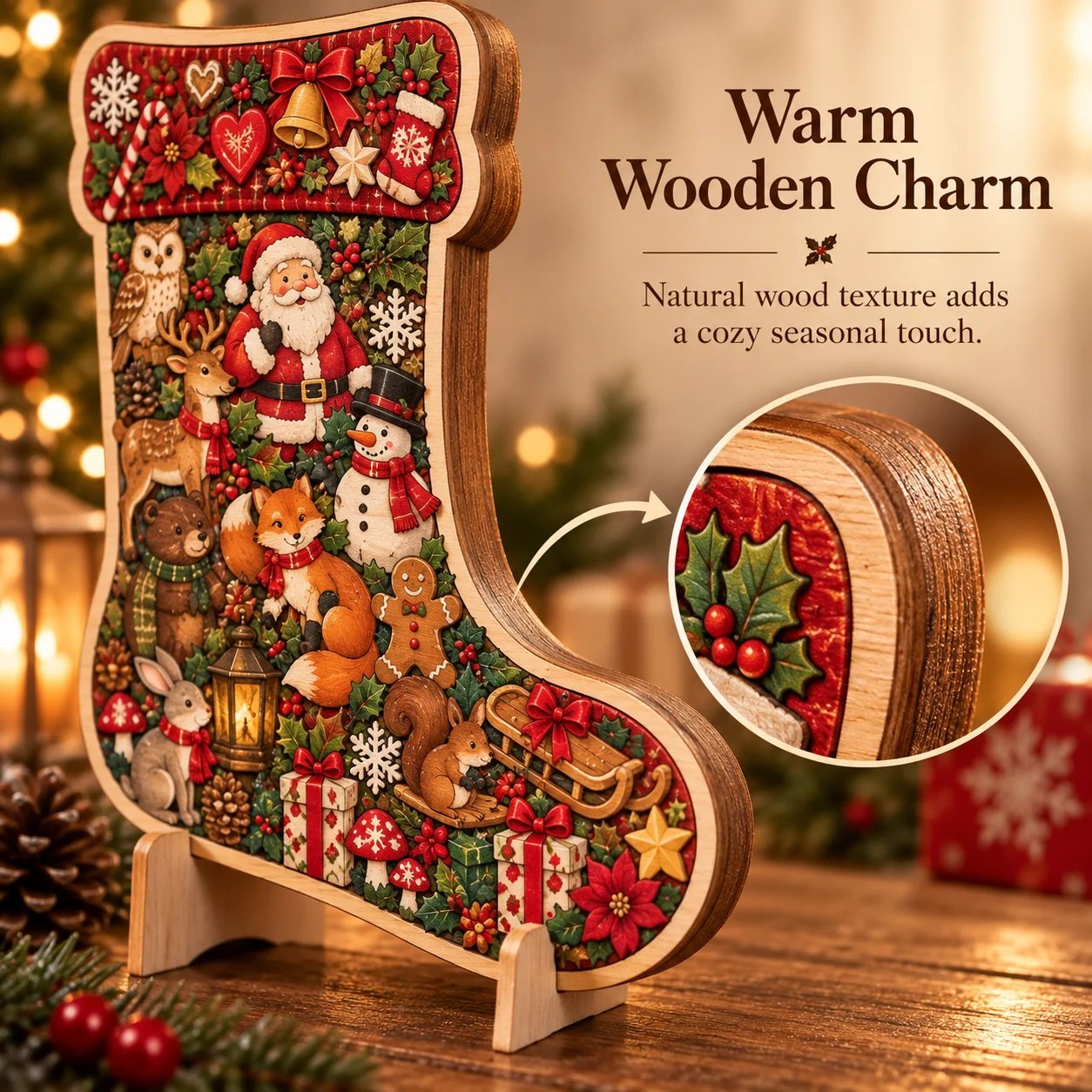 Wood texture and decorative details of the Christmas puzzle