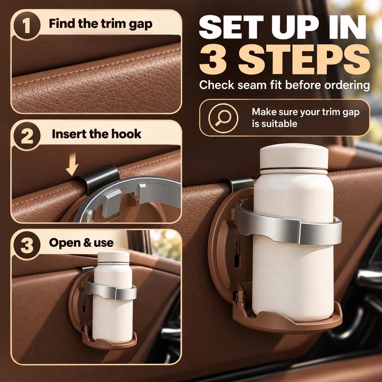 Three step hook installation for foldable car cup holder