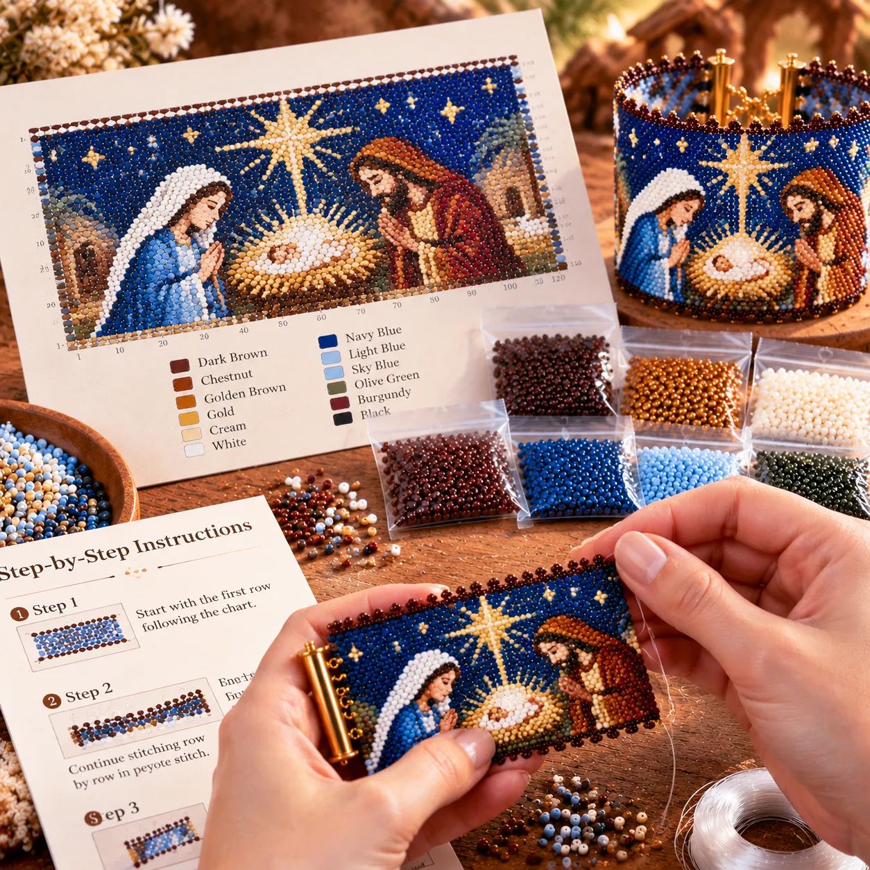 Hands working on a Nativity seed bead bracelet with a printed pattern and beading instructions