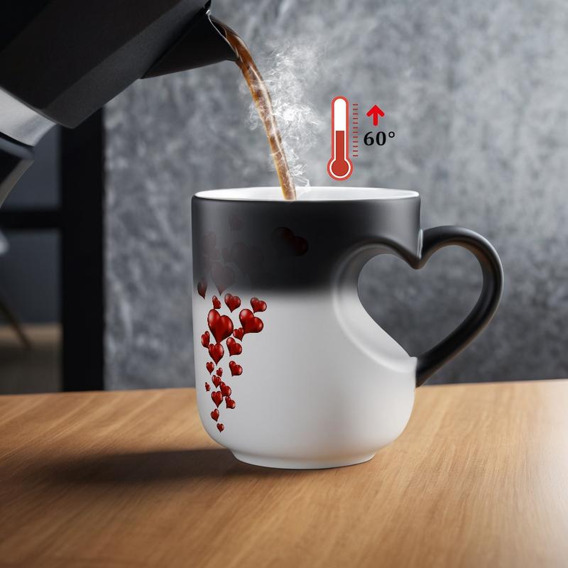1pc Heart-Shaped Color Changing Ceramic Mug - Hot/Cold Thermochromic Design, Red Heart Pattern, Reusable Coffee Cup for Valentine'S Day, Christmas, Birthdays - Perfect Gift for Holidays & Special Occasions, Coffee Bar Accessories, Festive Drinkware, Roman