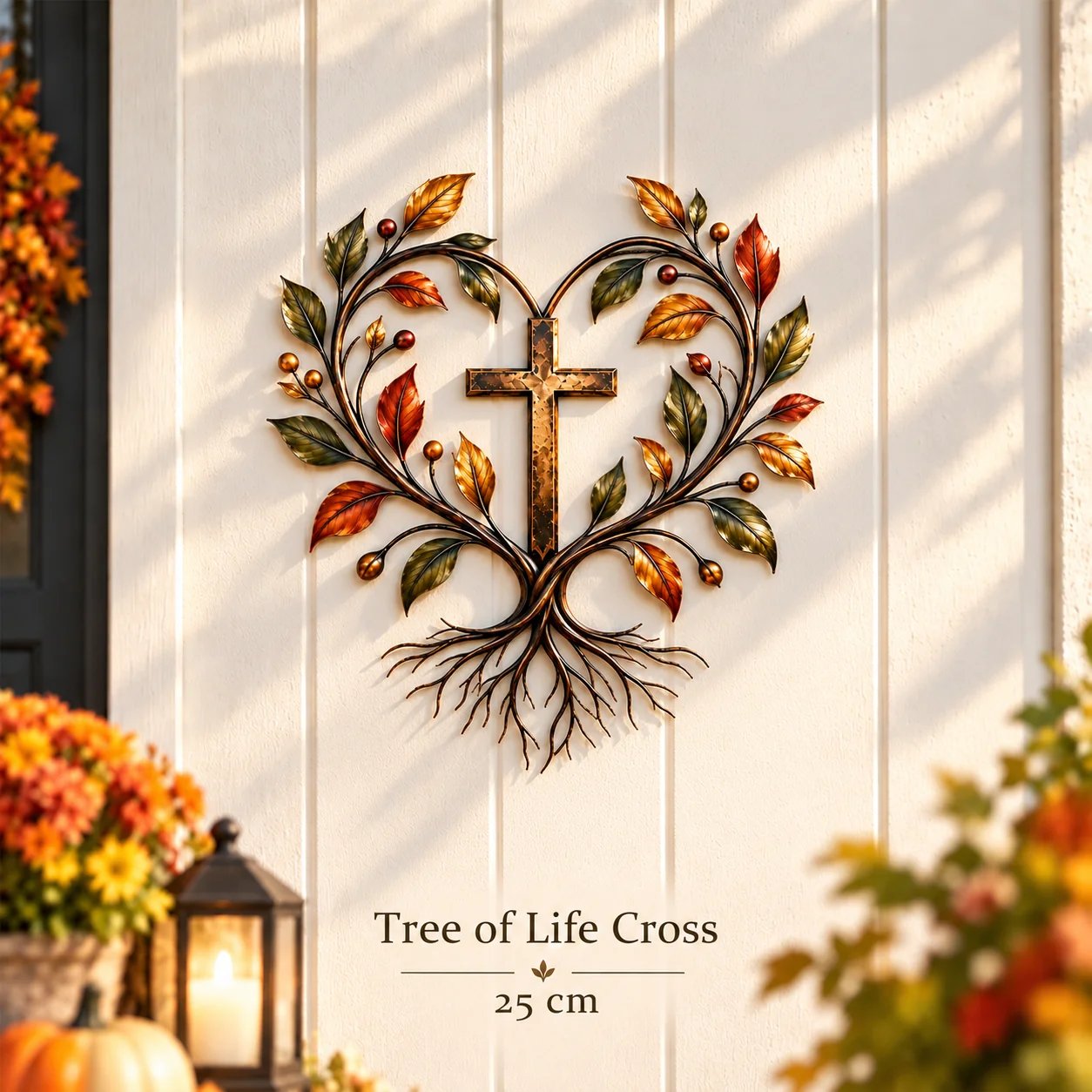 A Tree of Life Cross with heart-shaped branches, autumn leaves and flowing roots, shown in the 25 cm size.