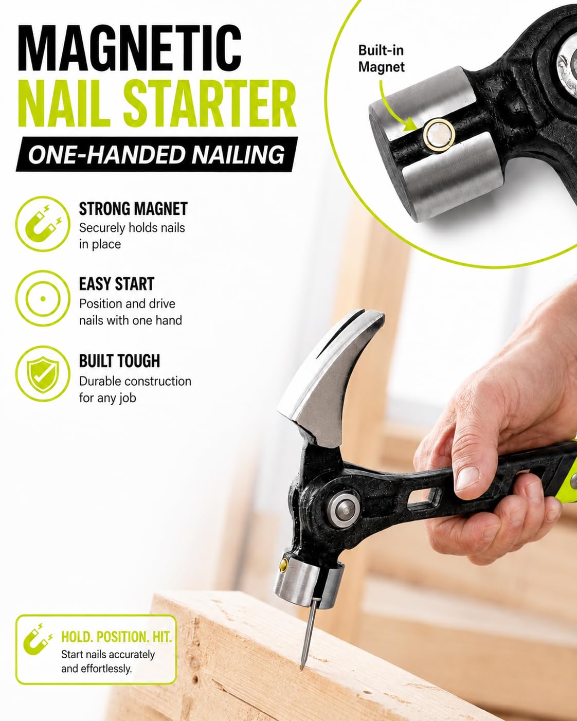 Built-in magnetic nail starter in use Built-in magnetic nail starter in use