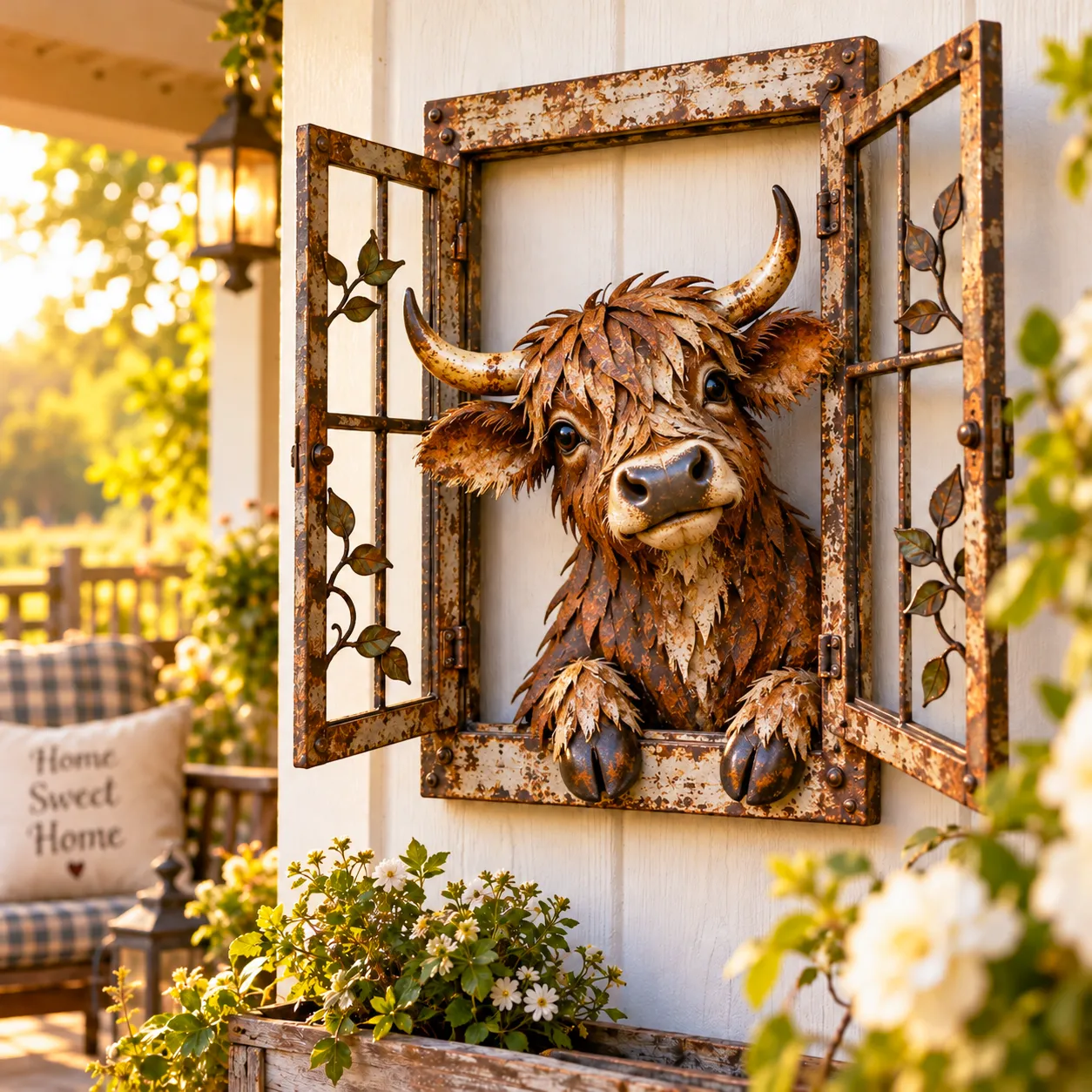 Large Mama Highland Cow rustic metal peek a boo window wall art with expressive eyes, horns and shaggy sculptural metal details