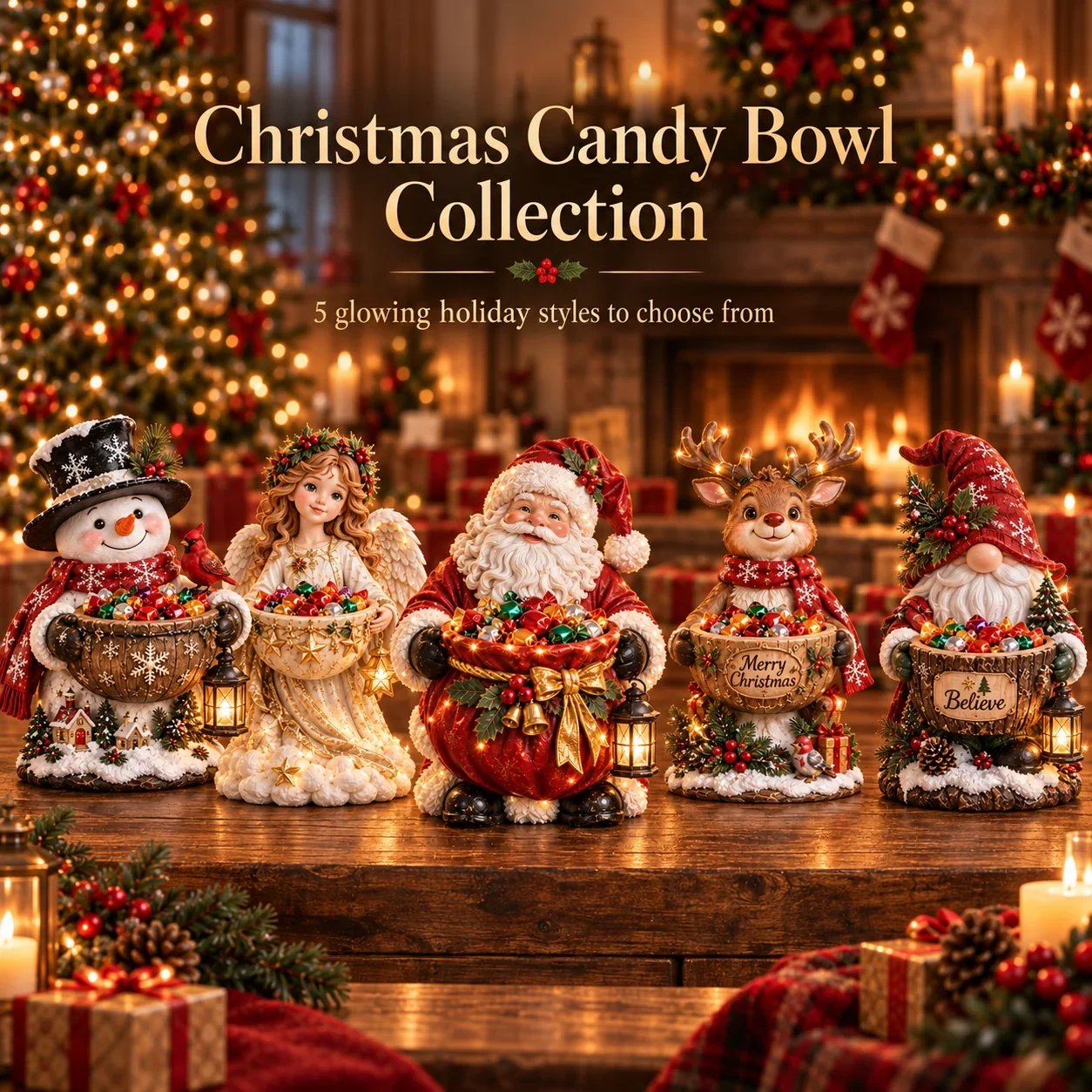 Lighted Christmas Candy Bowl Collection with five festive holiday designs