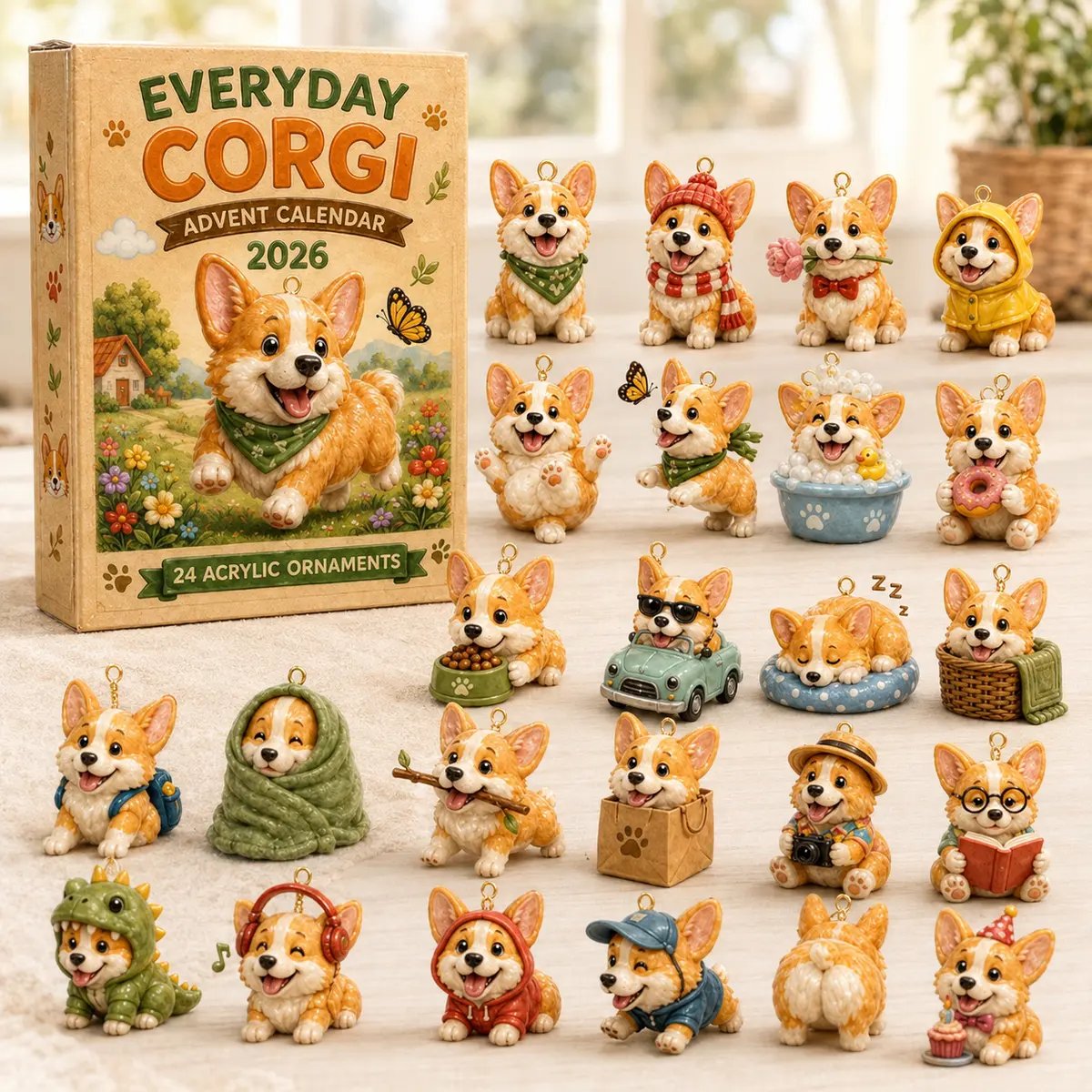 Everyday Corgi Advent Calendar 2026 box beside the full collection of corgi ornaments