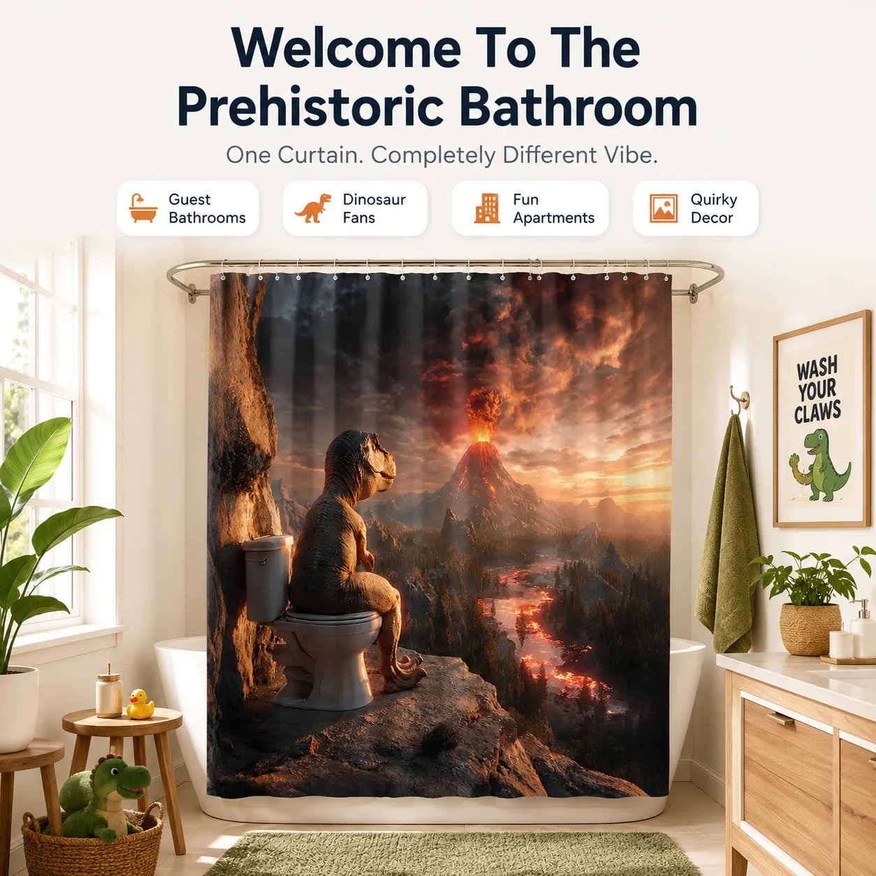 Prehistoric dinosaur volcano bathroom decor