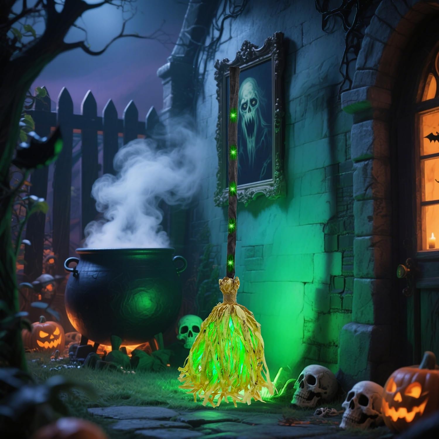 Animated light up Halloween witch broom in spooky haunted scene