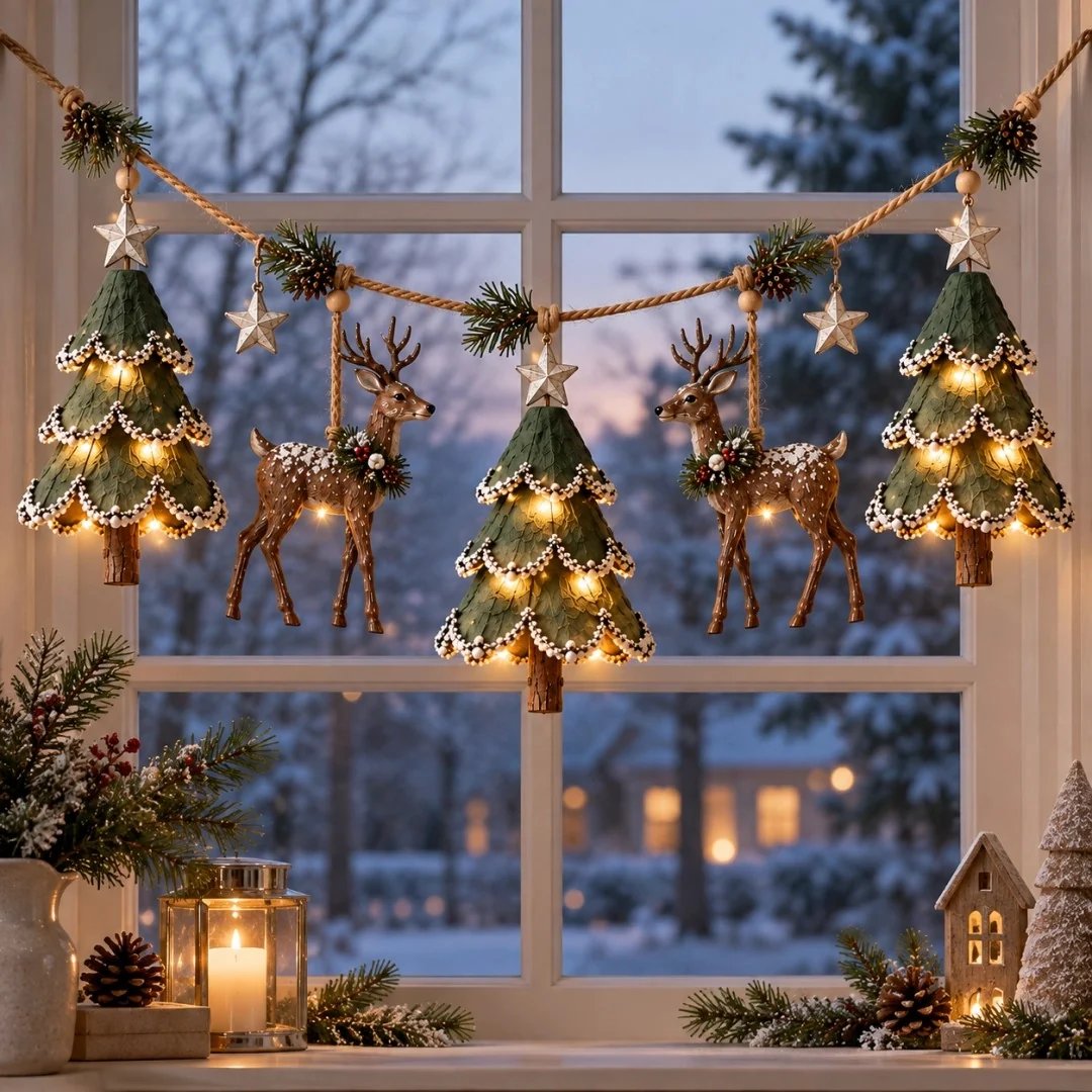 Lighted woodland Christmas garland glowing at night