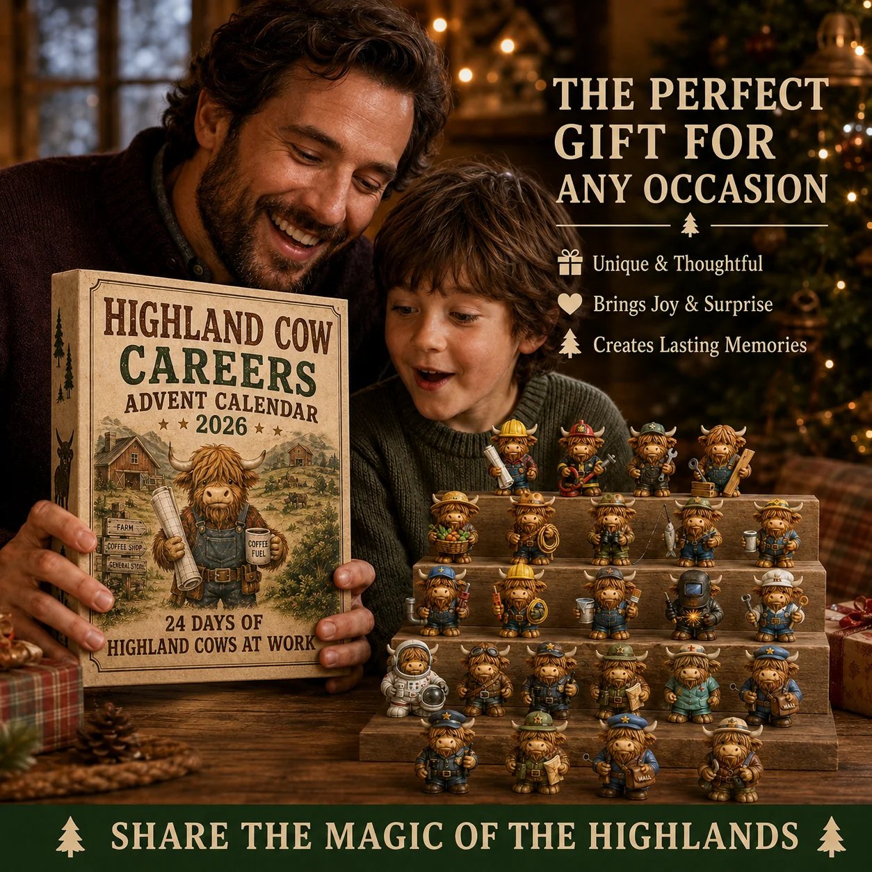 Father and child enjoying the Highland Cow Careers Advent Calendar