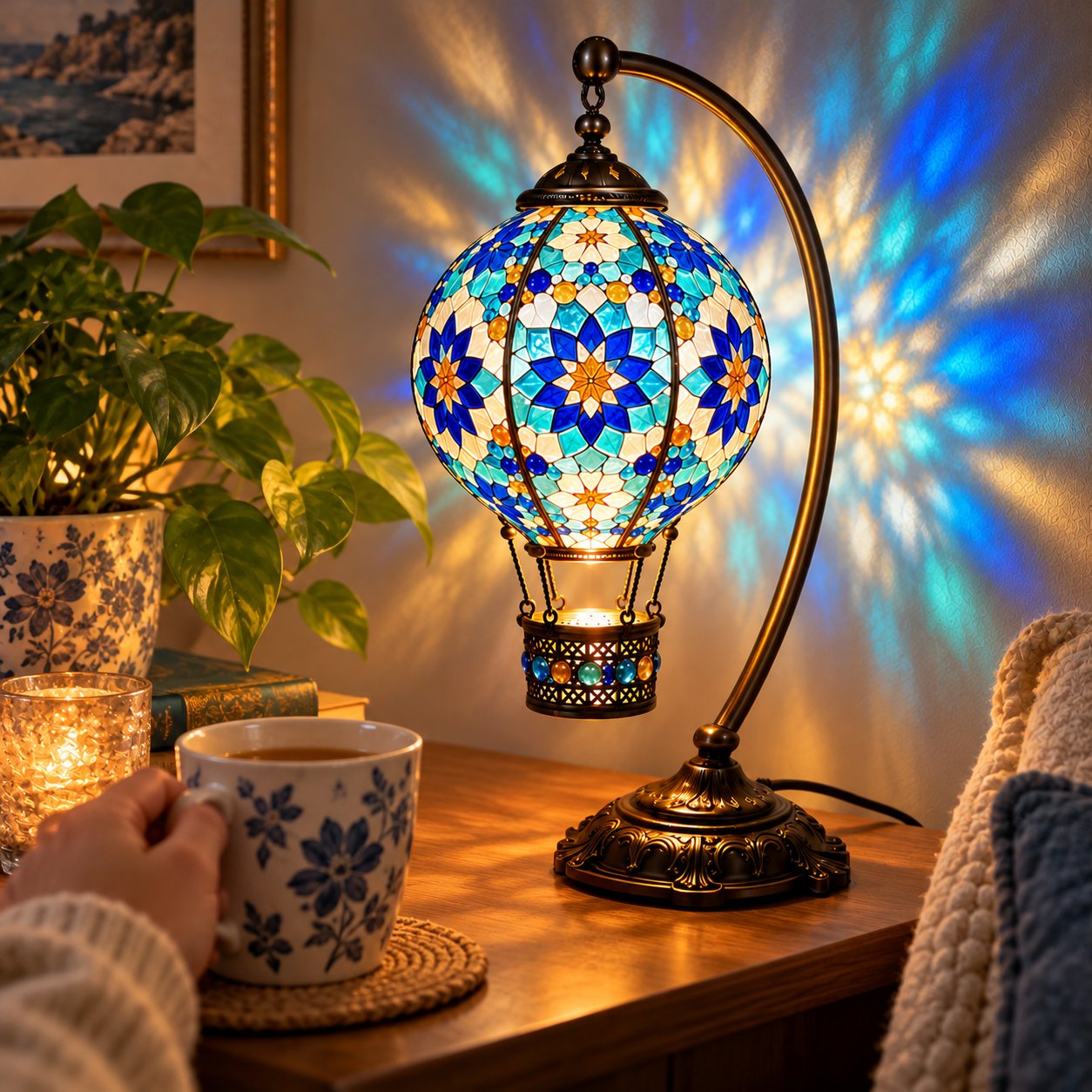 Blue mosaic hot air balloon lamp glowing beside a cup in a cozy room