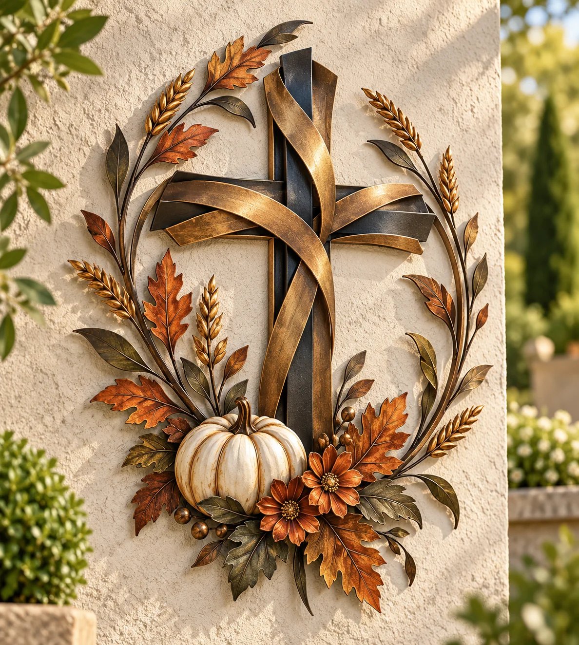 Close look at the bronze cross pumpkin wheat and autumn leaves