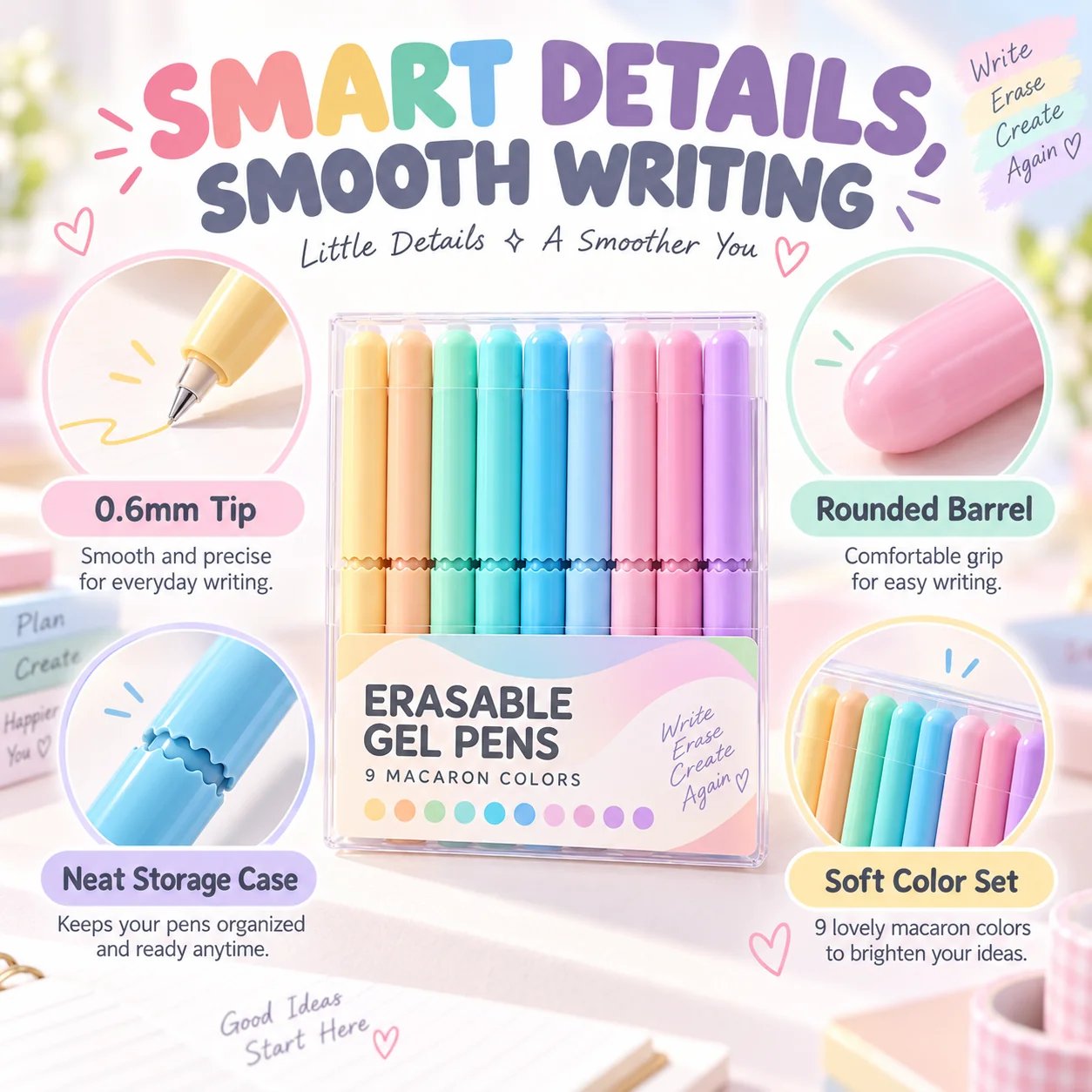 Nine erasable pens in storage box