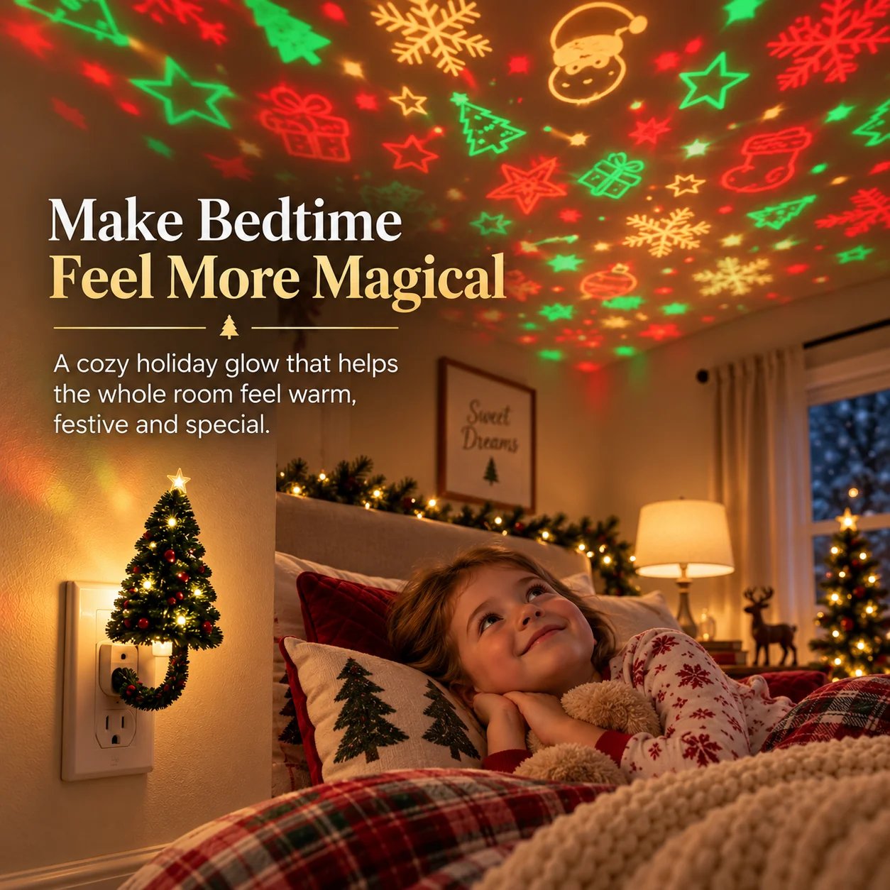 Child enjoying Christmas projection in bedroom