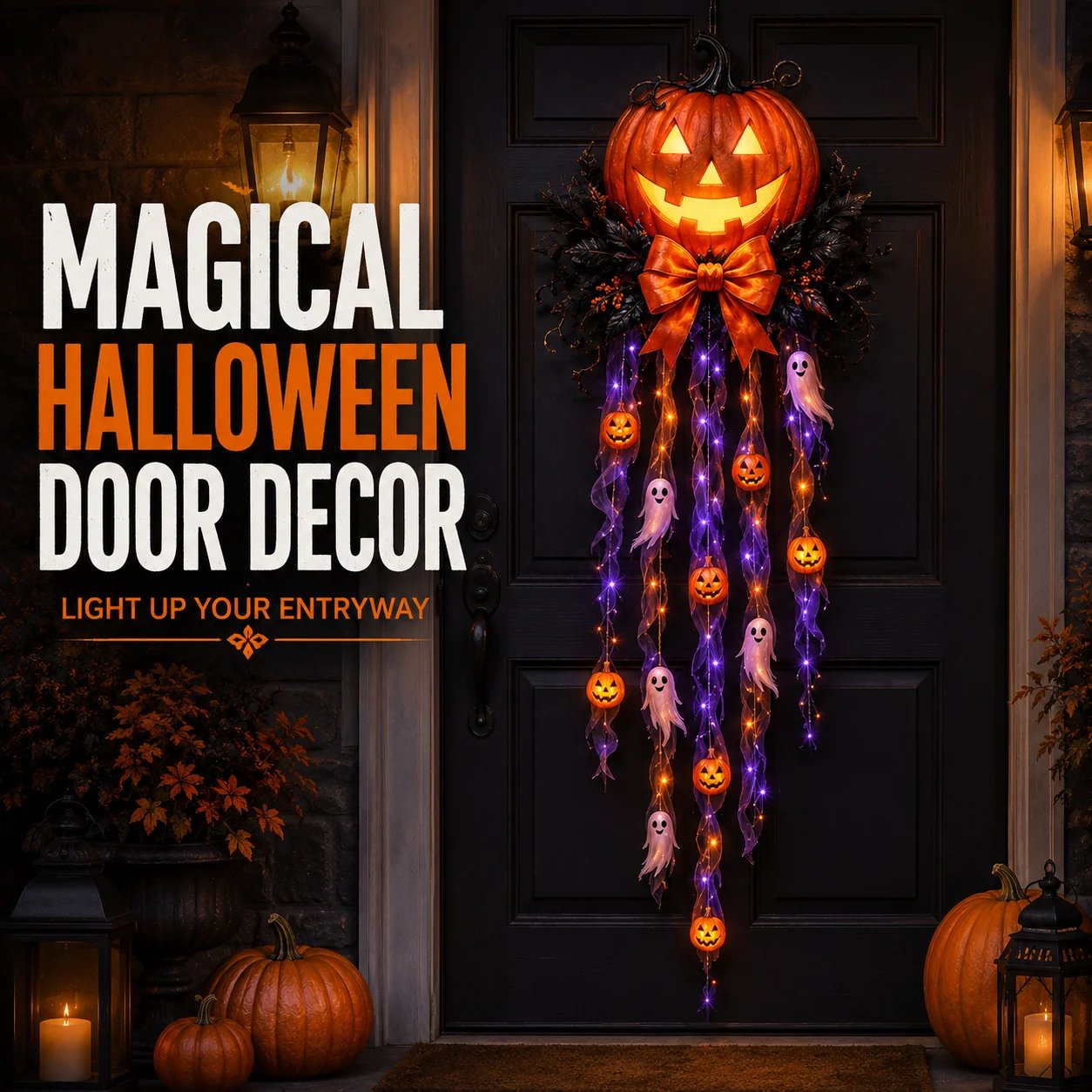 Lighted Pumpkin and Ghost Halloween Door Cascade