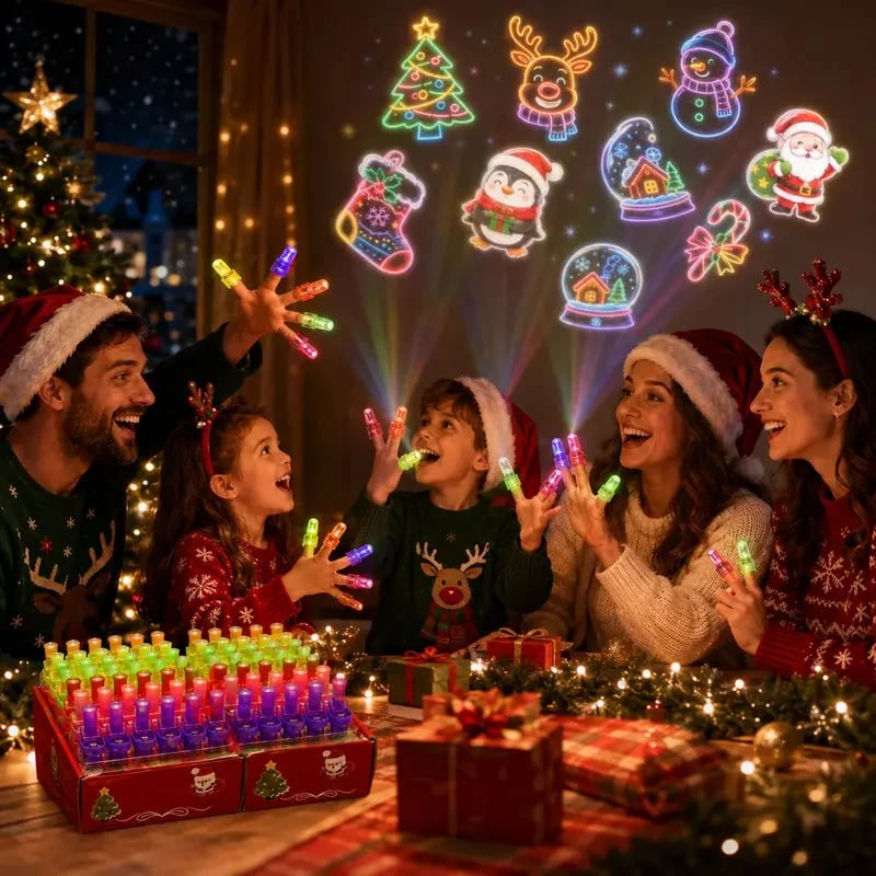 Family using Christmas finger projector lights at a holiday celebration