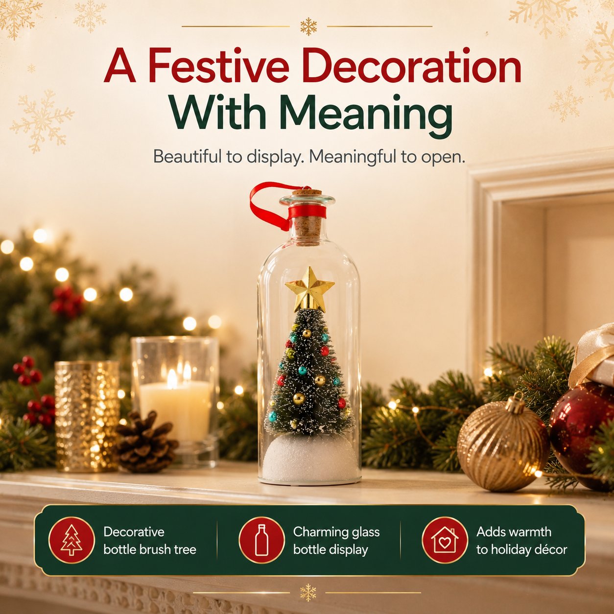 Decorated Christmas tree displayed inside a clear glass bottle