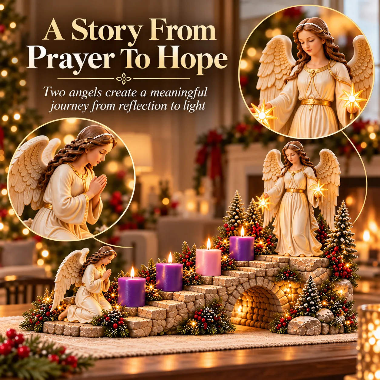Praying and standing angels connected by a decorative Advent stairway