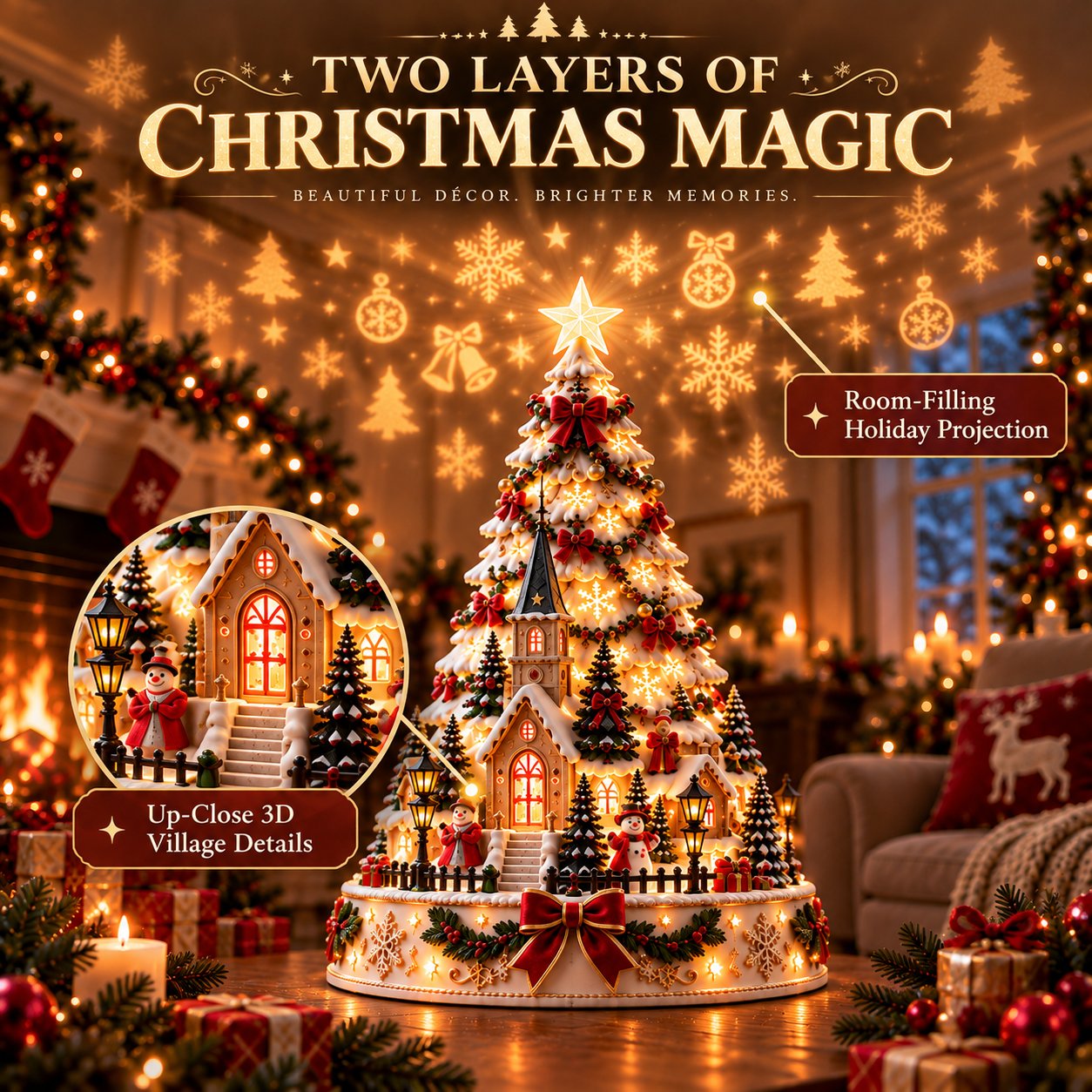 Two layers of Christmas magic — village and projection