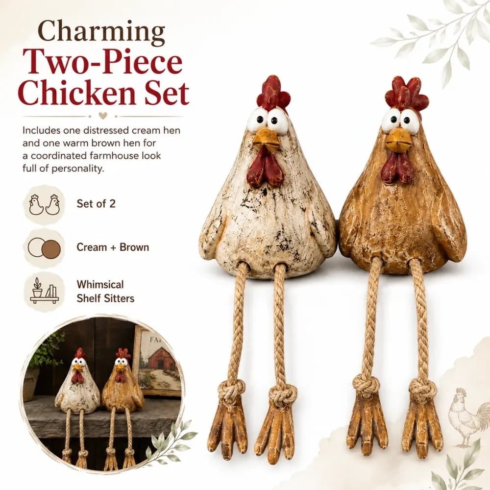 Chicken shelf sitters displayed separately on a rustic cabinet