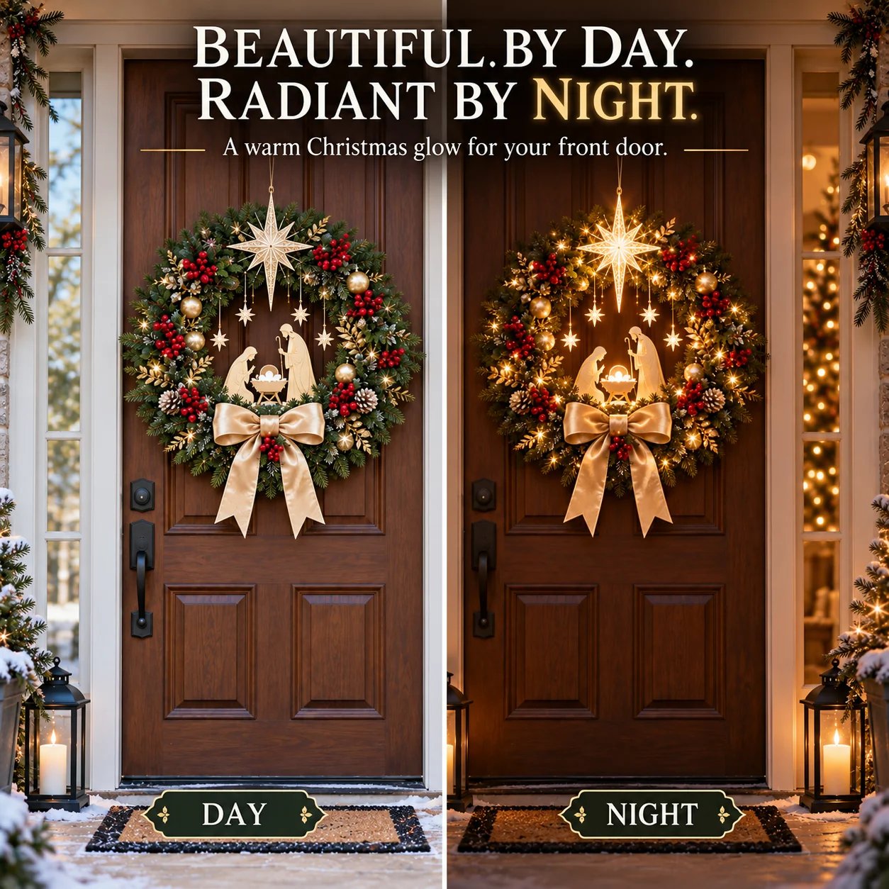 Nativity Christmas wreath by day and night