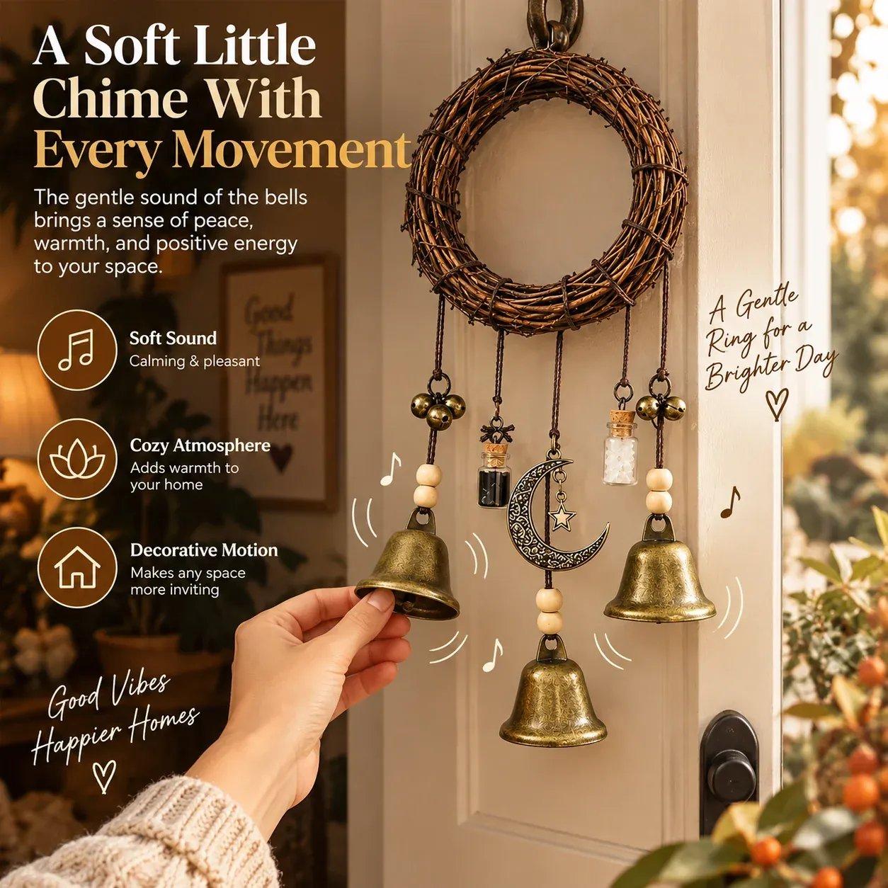 🌙🔔 Boho Moon & Bell Hanging Decor – Rustic Celestial Charm detail view 1