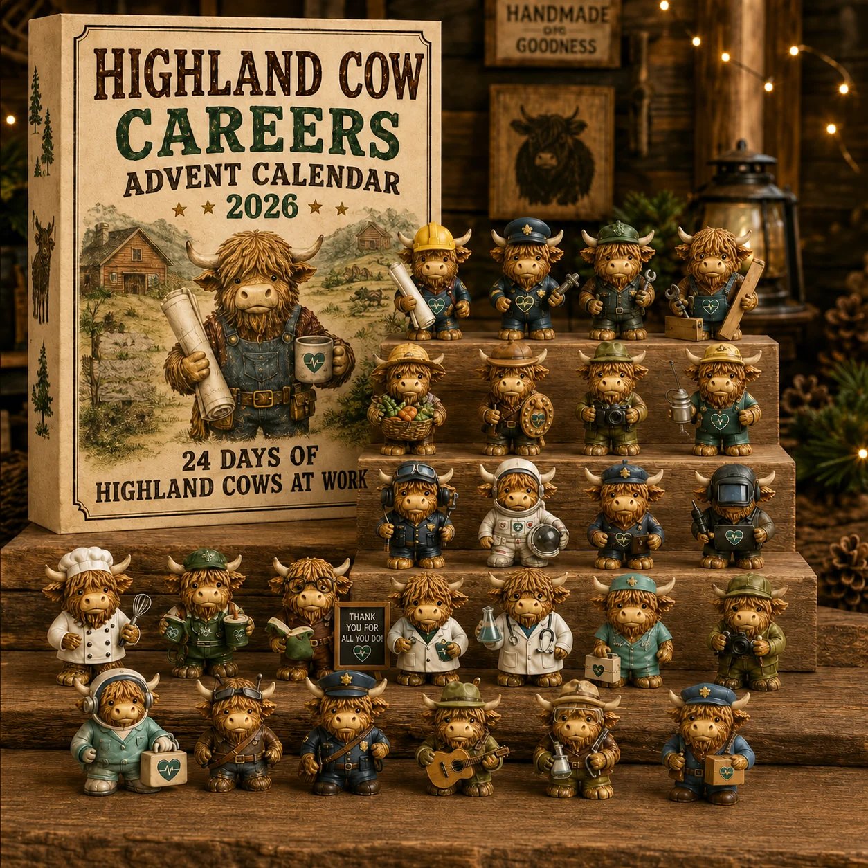 Highland Cow Careers Advent Calendar with 24 collectible career figures