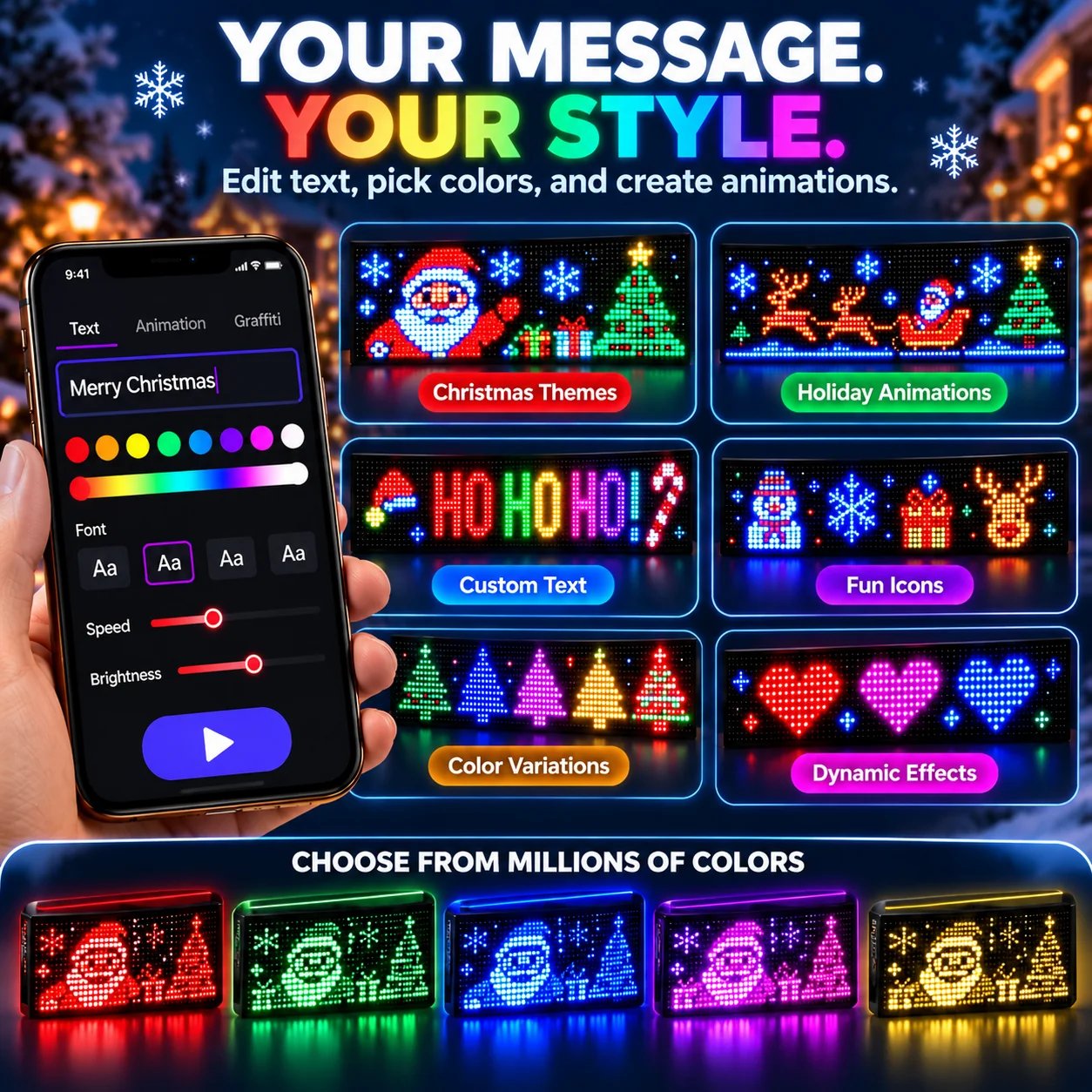 Flexible LED pixel display showing a festive design on a car rear window