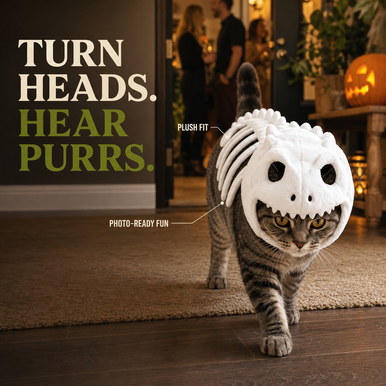 Cat walking through a Halloween gathering in the white plush dinosaur skeleton costume