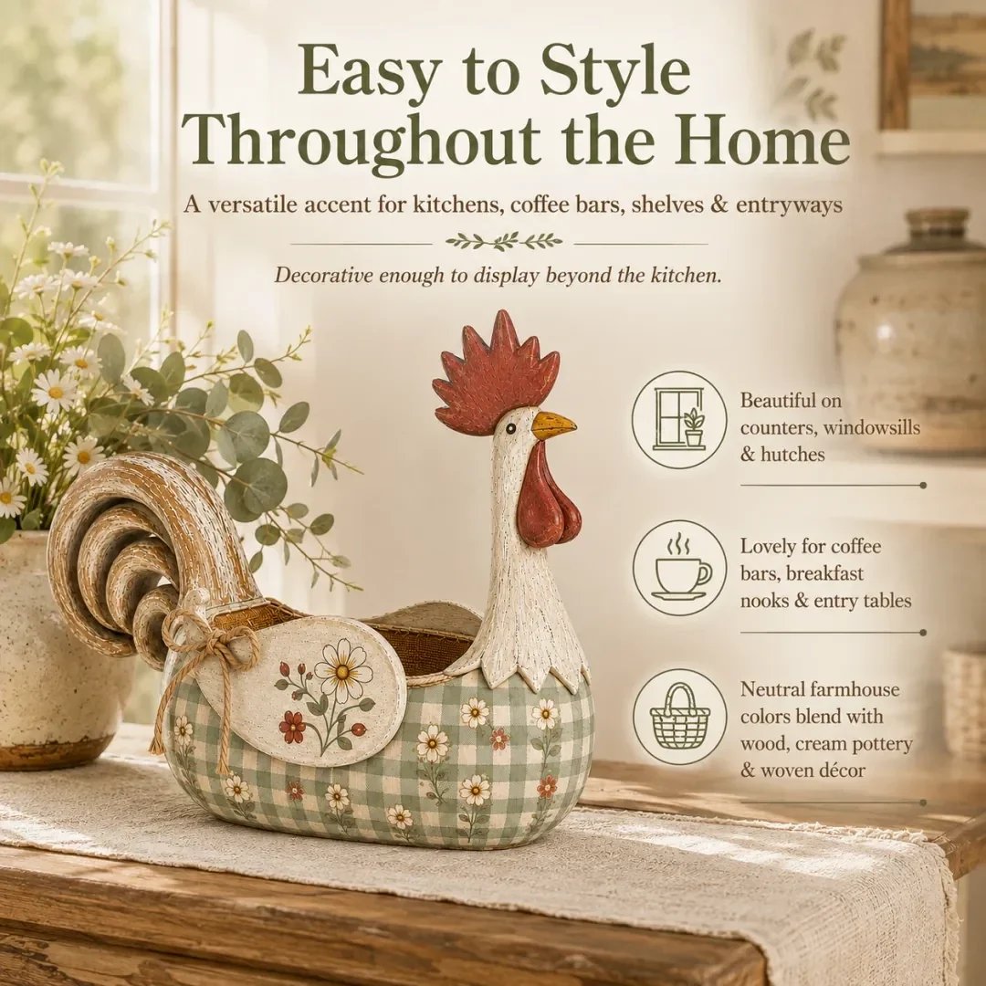 Vintage farmhouse rooster holder styled around the home