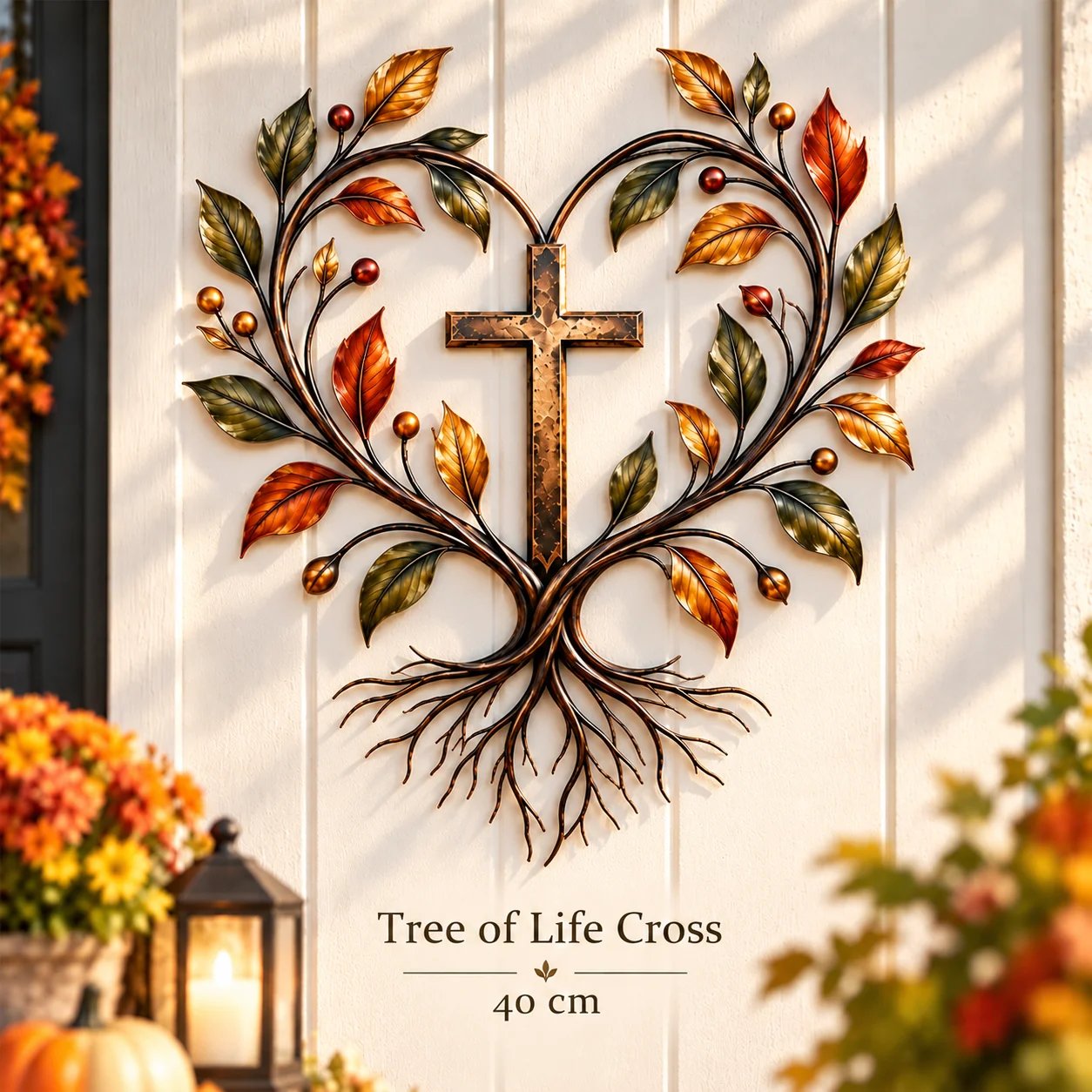 A Tree of Life Cross with heart-shaped branches, autumn leaves and flowing roots, shown in the 40 cm size.