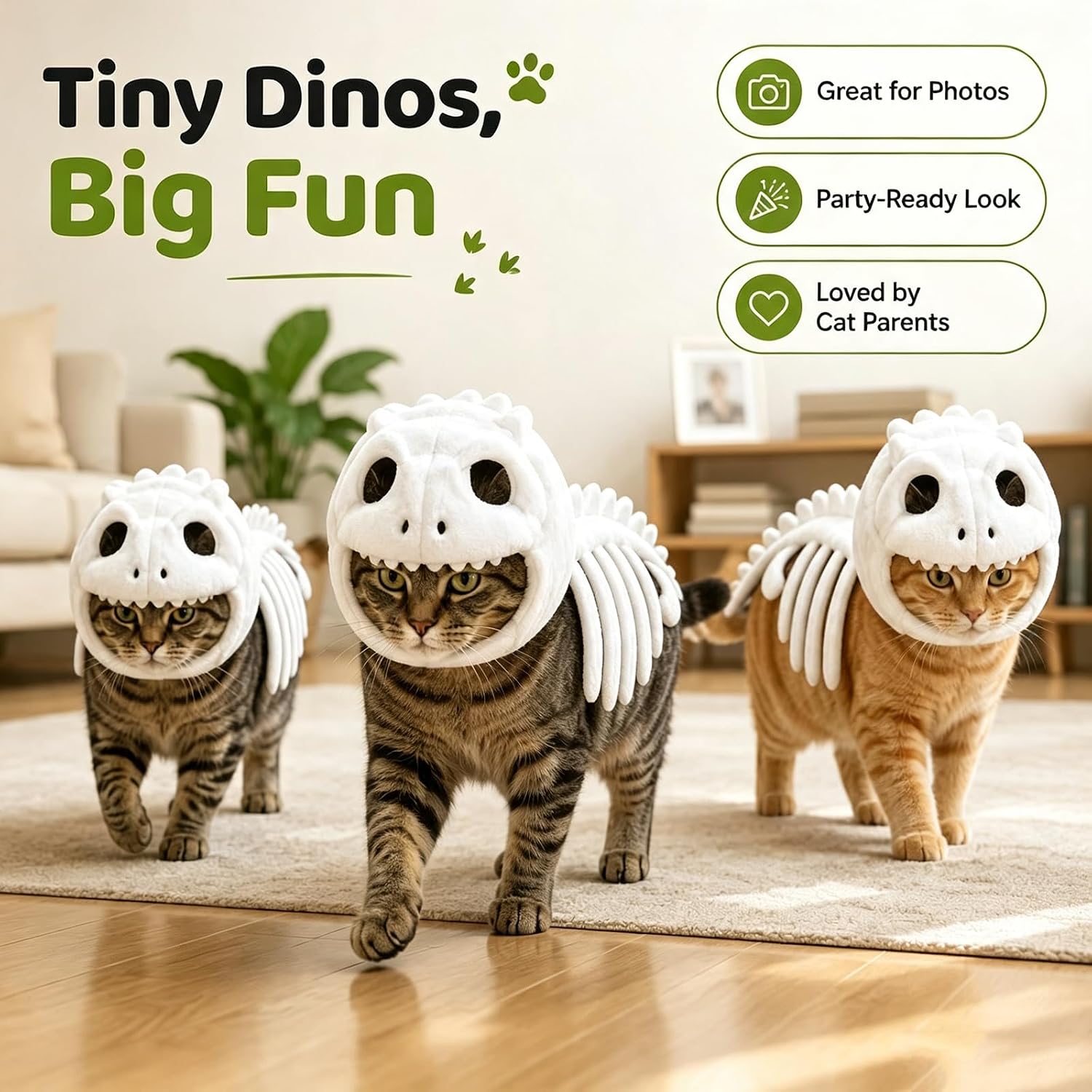 Three cats wearing dinosaur skeleton costumes for a group photo