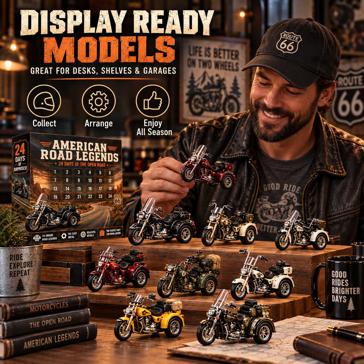 Motorcycle-themed promotional display artwork with a collector and the advent calendar