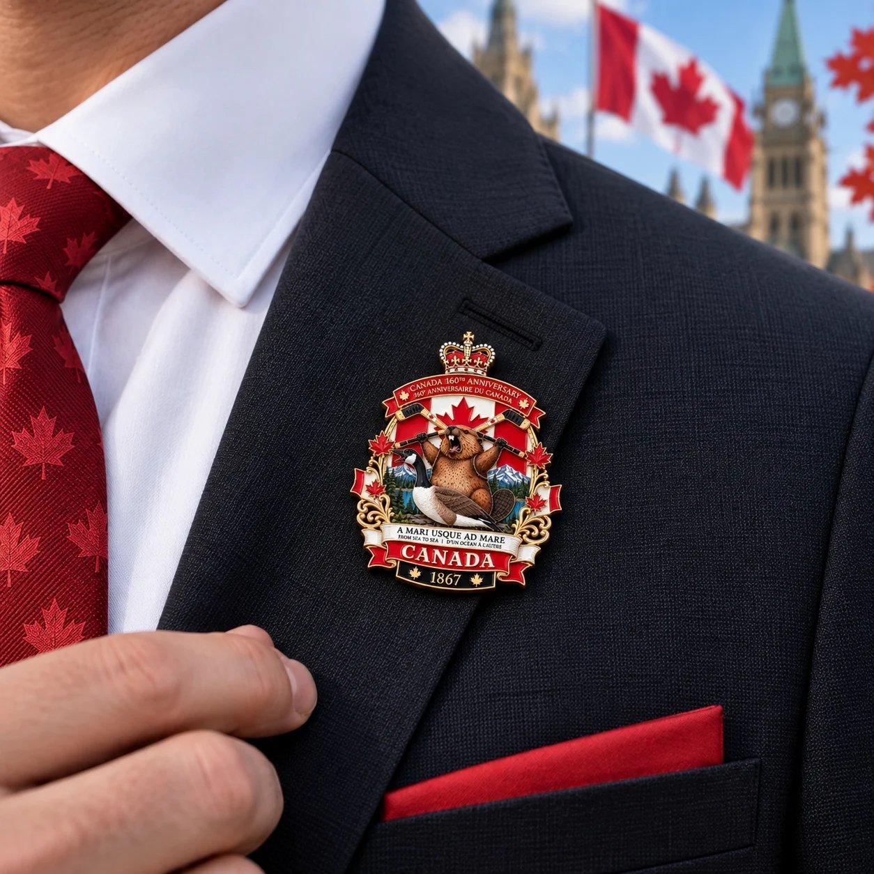 Mountain, forest and lake scenery within the Canada tribute badge