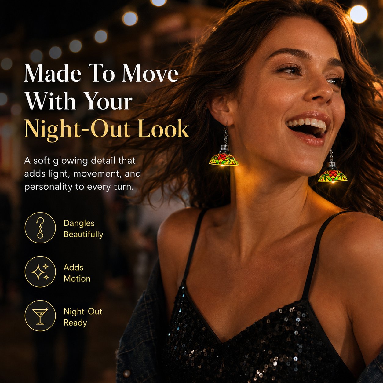 Hanging chandelier earrings adding light and movement