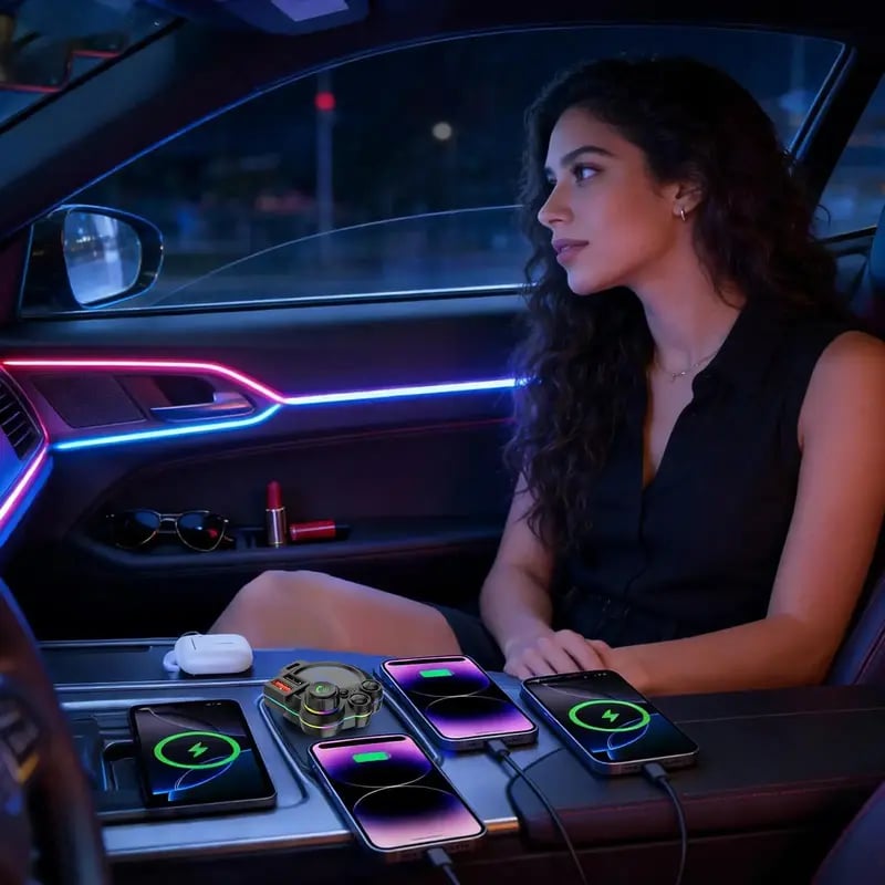 Original seller image showing illuminated car interior and the adapter