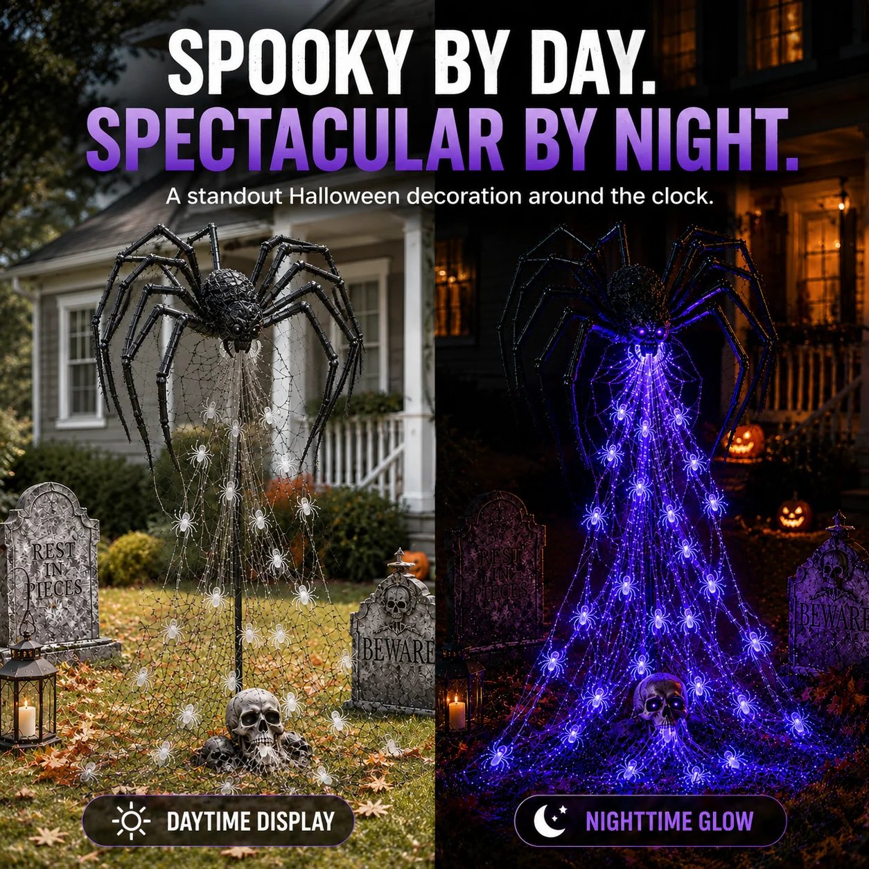 Solar powered Halloween spider light setup