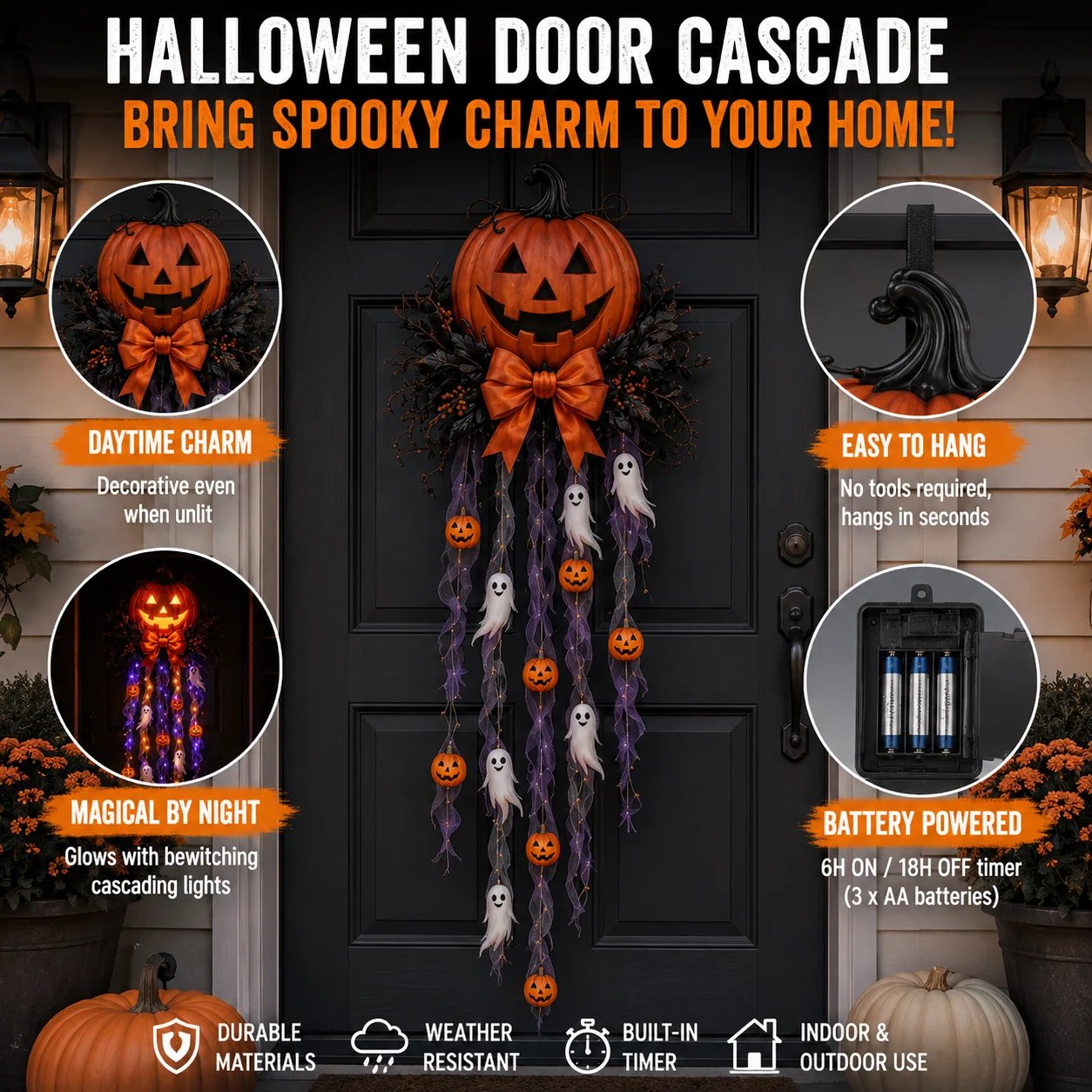Halloween Door Cascade installation and battery features
