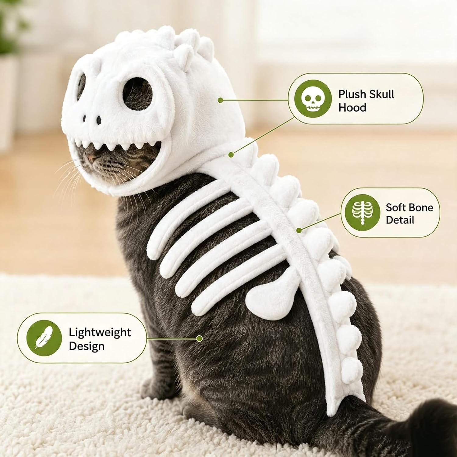Close view of the plush dinosaur skull hood, ribs, spine, and hip bone details